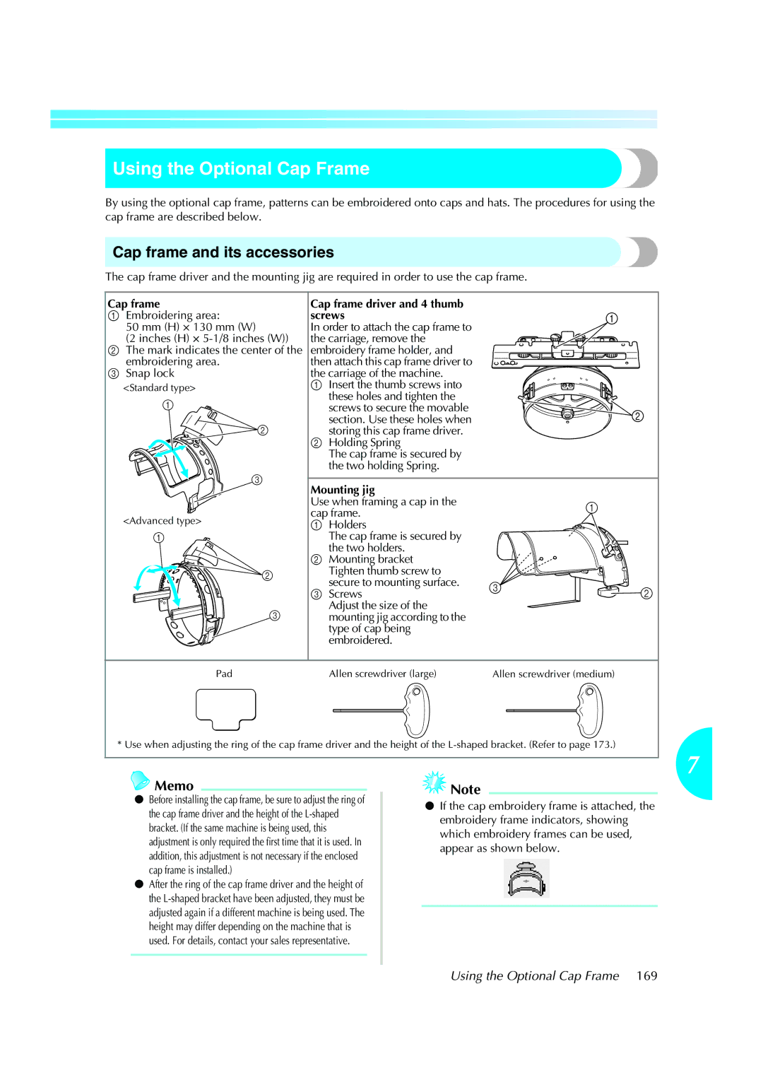 Brother PE-600II operation manual Using the Optional Cap Frame, Cap frame and its accessories 