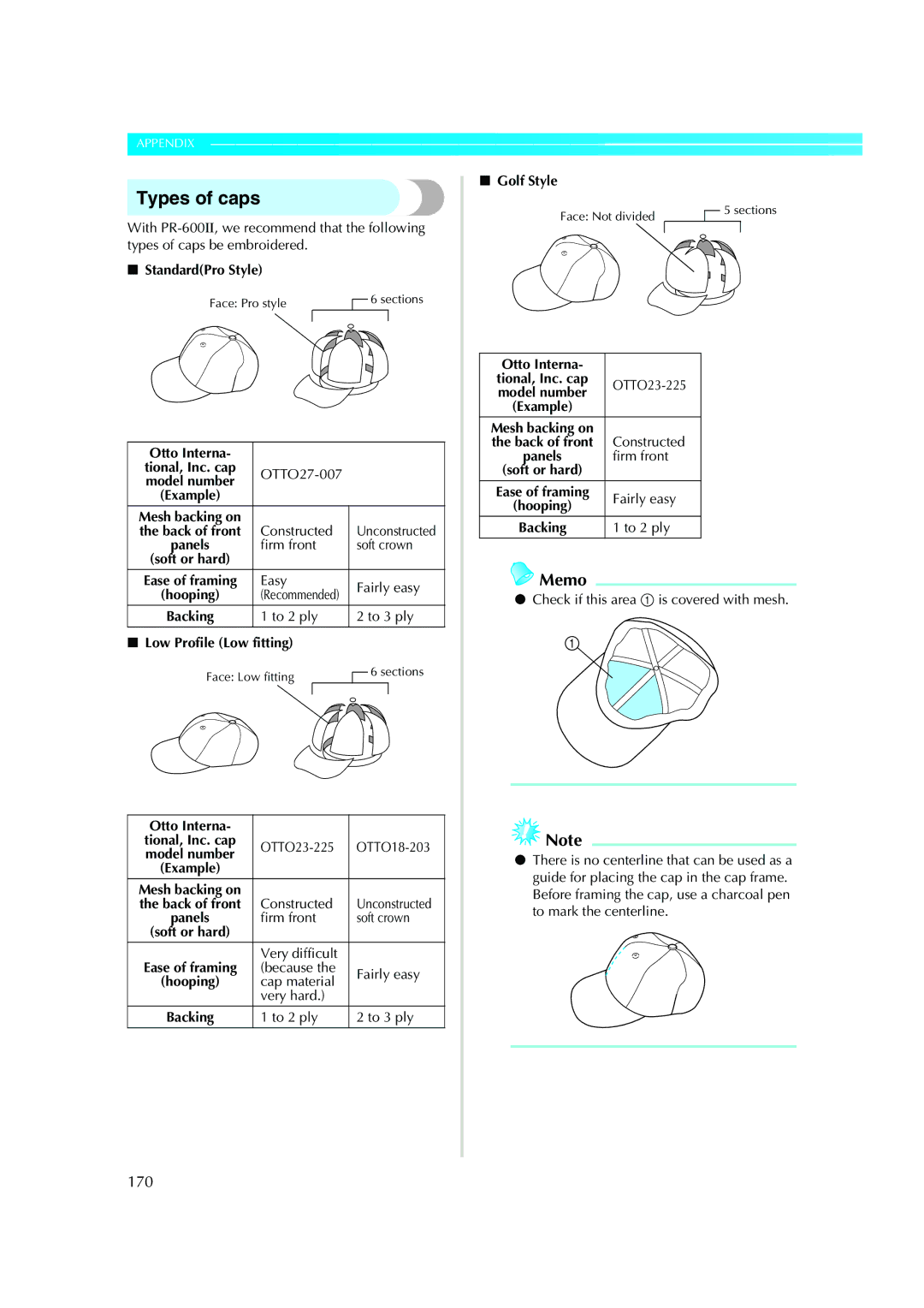 Brother PE-600II operation manual Types of caps, 170 