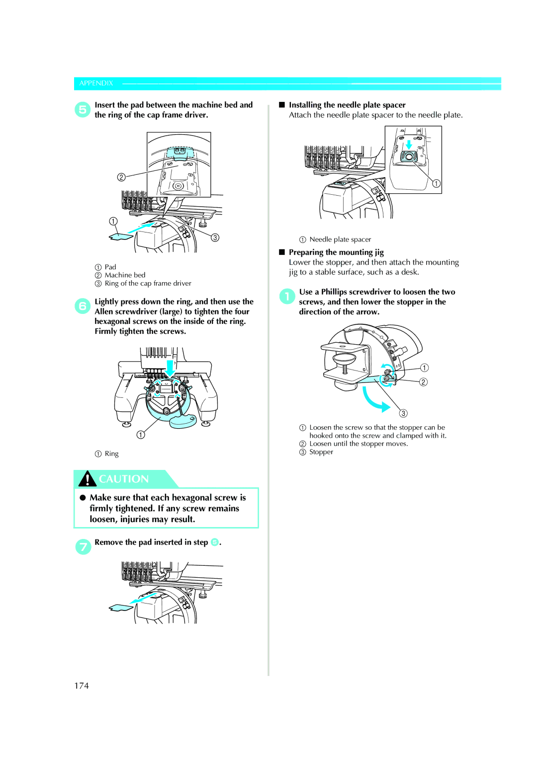 Brother PE-600II operation manual 174, Firmly tighten the screws, Attach the needle plate spacer to the needle plate 