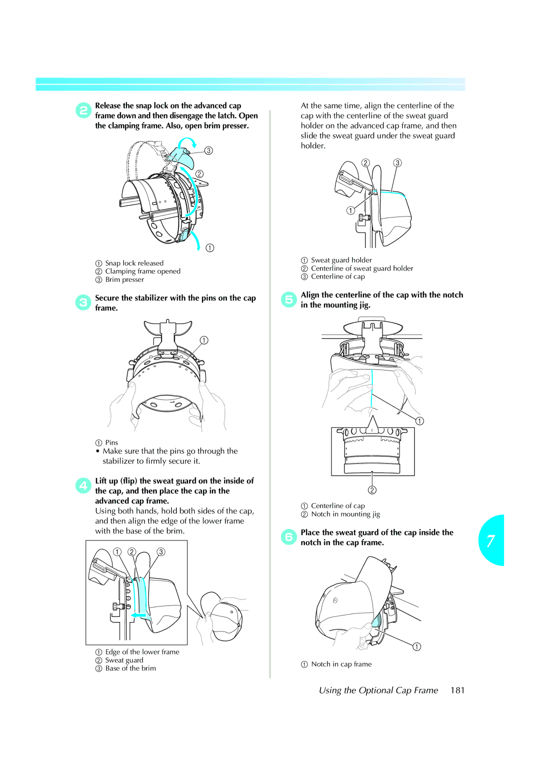 Brother PE-600II operation manual 3Secureframe. the stabilizer with the pins on the cap 