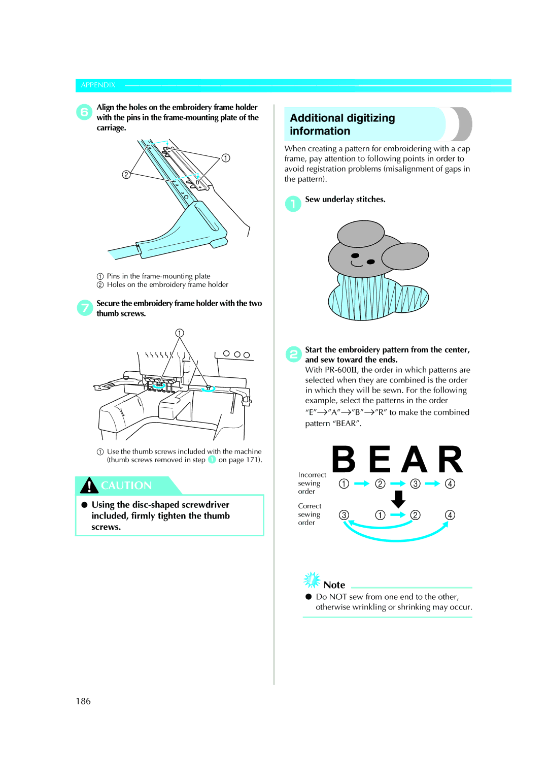 Brother PE-600II operation manual Additional digitizing information, 186 