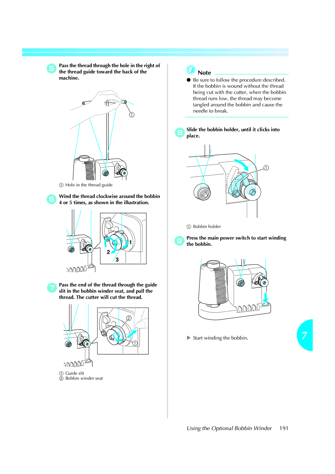 Brother PE-600II operation manual 8Slideplace.the bobbin holder, until it clicks into 