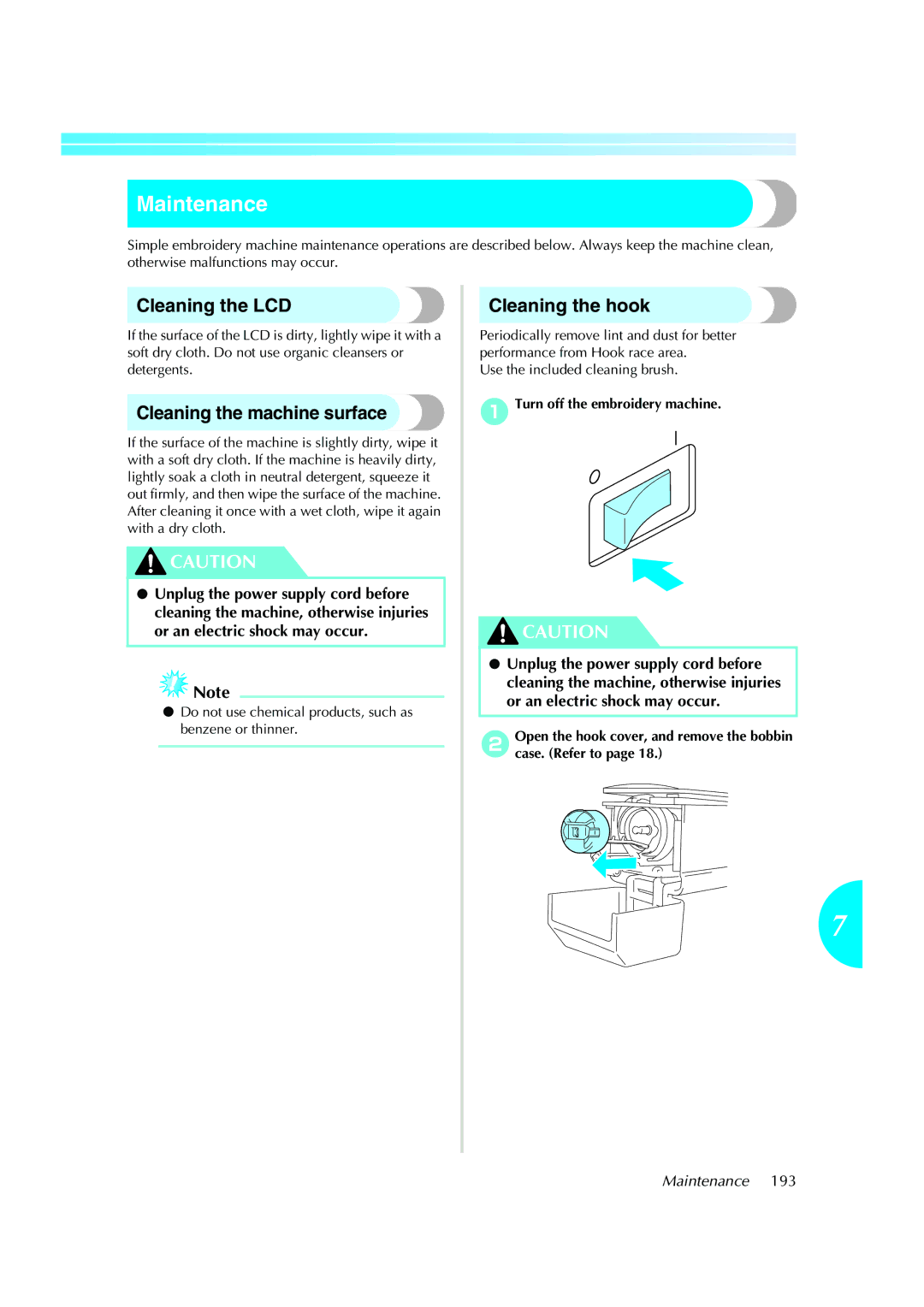 Brother PE-600II operation manual Maintenance, Cleaning the LCD, Cleaning the machine surface, Cleaning the hook 