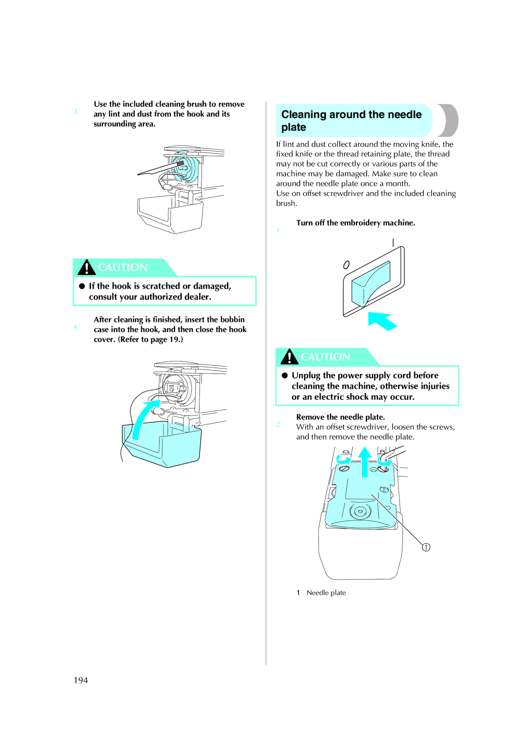 Brother PE-600II operation manual Cleaning around the needle plate, 194 