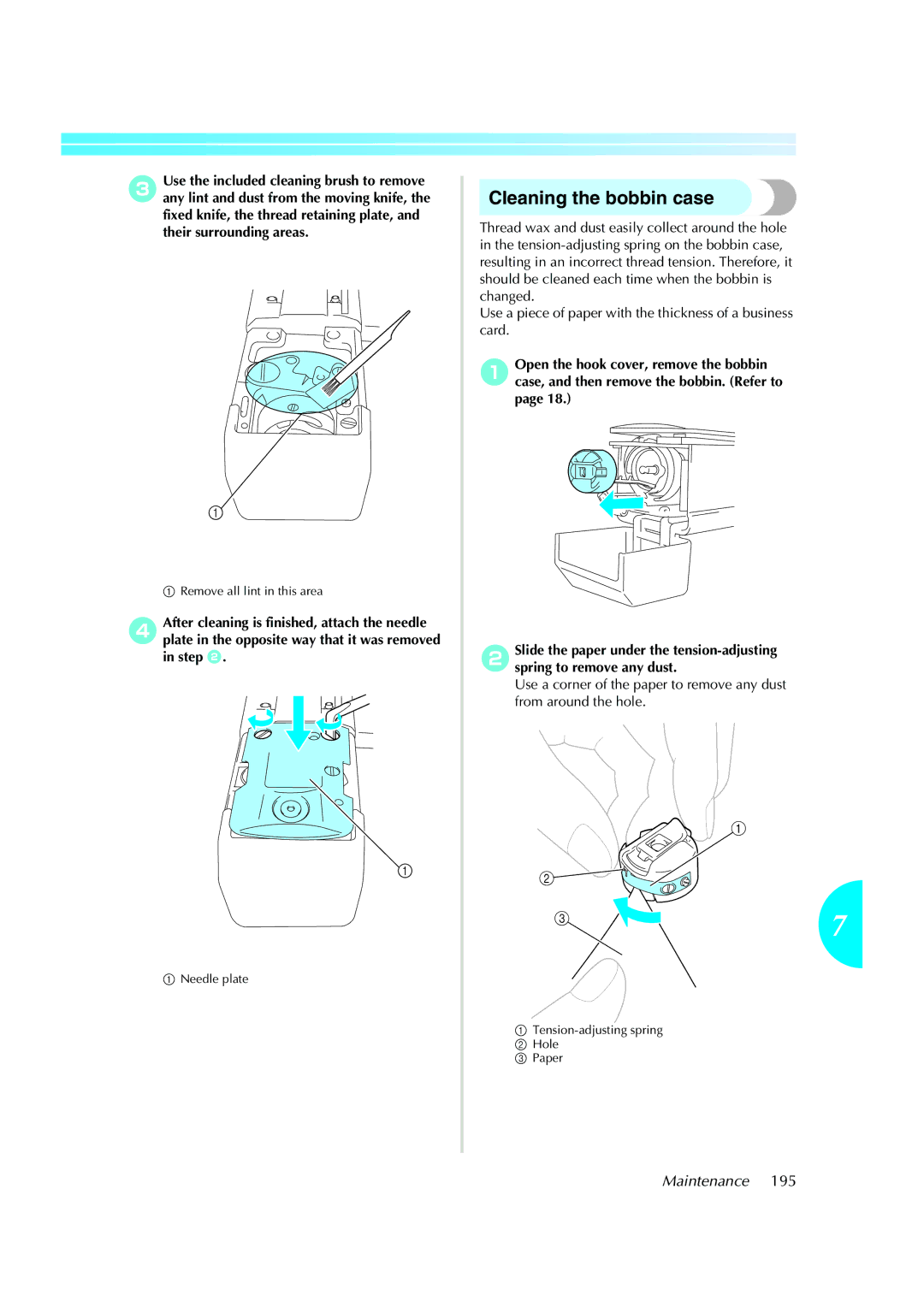 Brother PE-600II operation manual Cleaning the bobbin case 