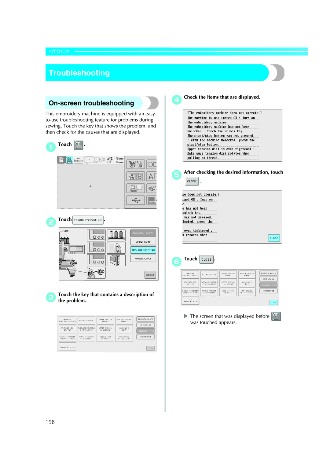 Brother PE-600II operation manual Troubleshooting, On-screen troubleshooting, 198 