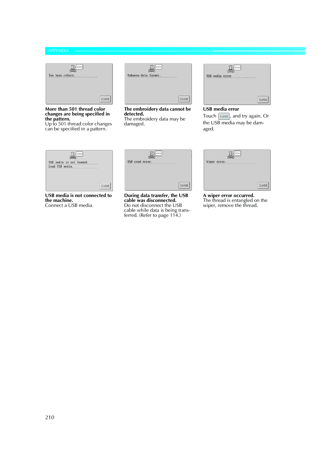 Brother PE-600II operation manual 210, Embroidery data cannot be detected, Embroidery data may be damaged, USB media error 