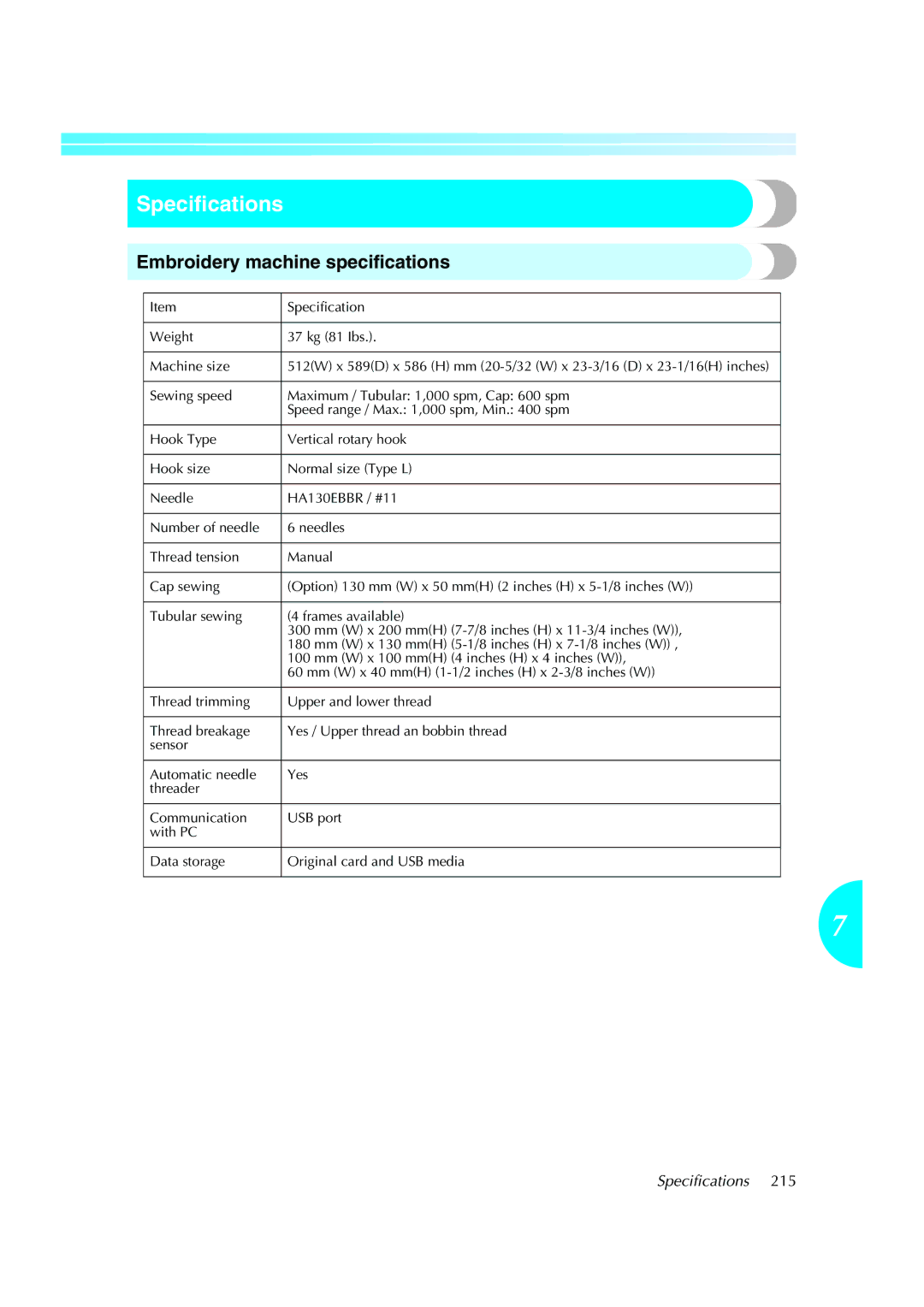 Brother PE-600II operation manual Specifications, Embroidery machine specifications 