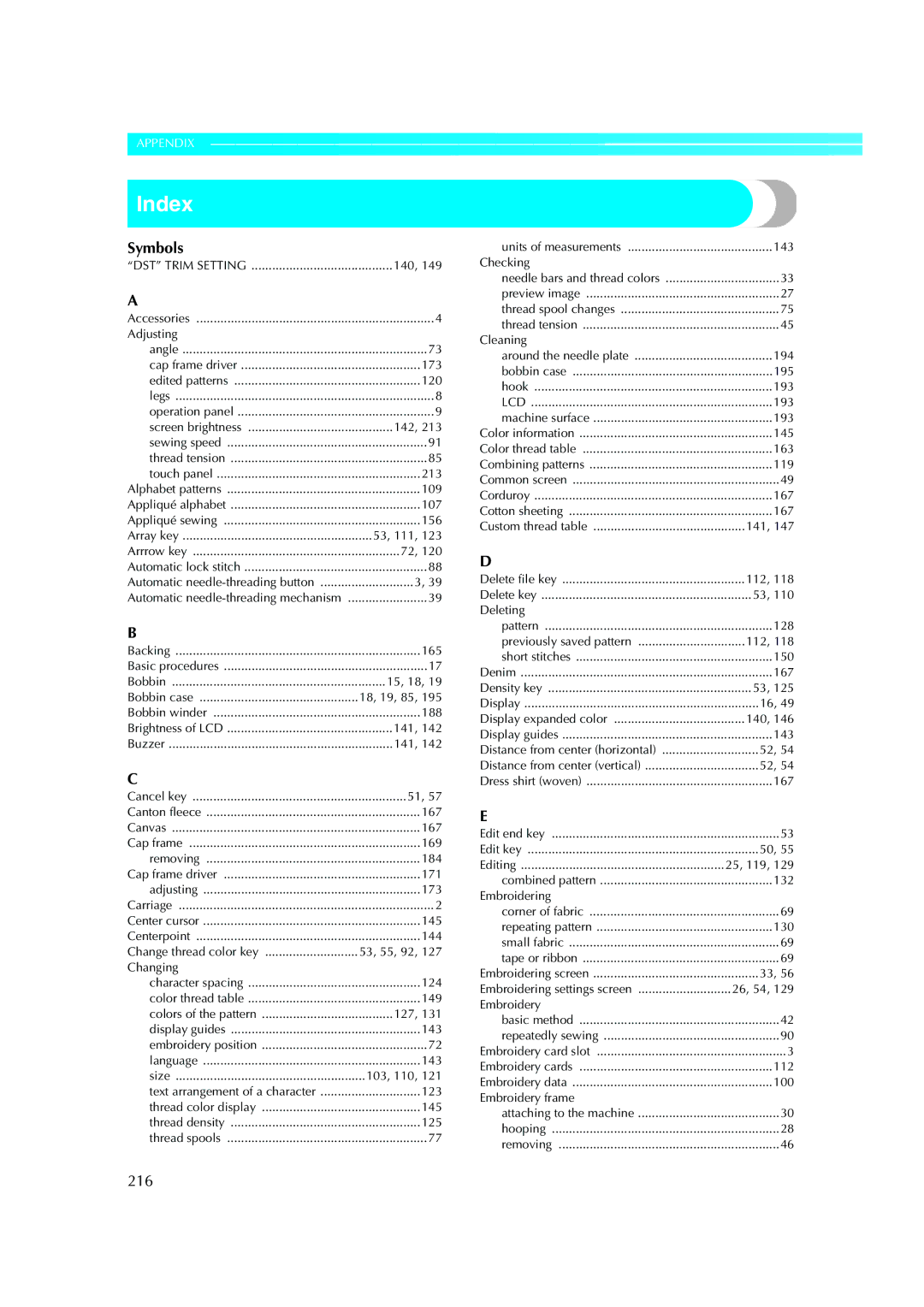 Brother PE-600II operation manual Index, 216 