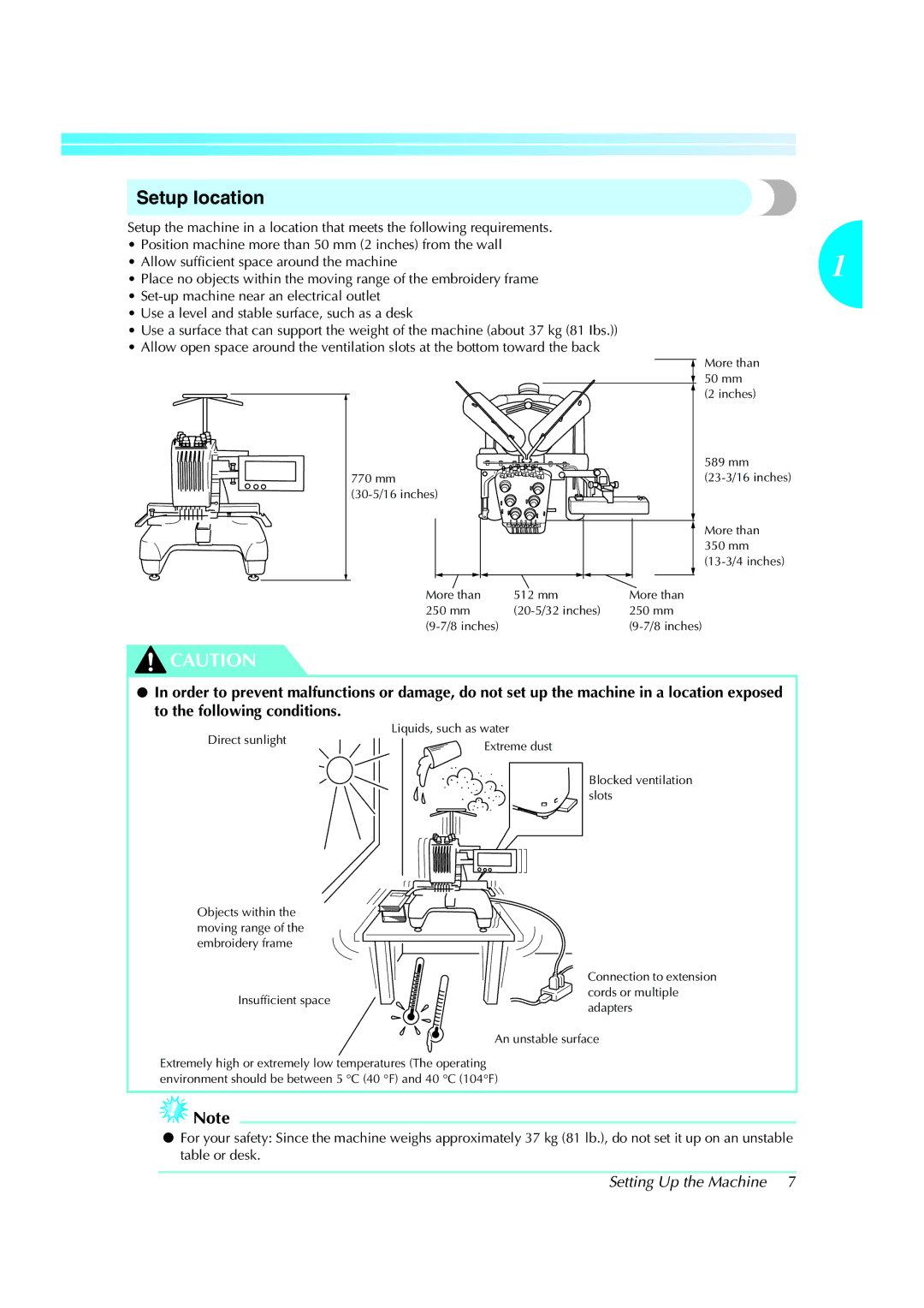 Brother PE-600II operation manual Setup location, Setting Up the Machine 