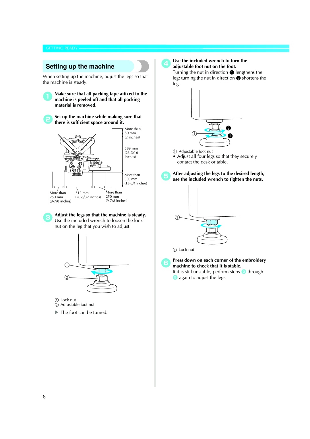 Brother PE-600II operation manual Setting up the machine, Foot can be turned 