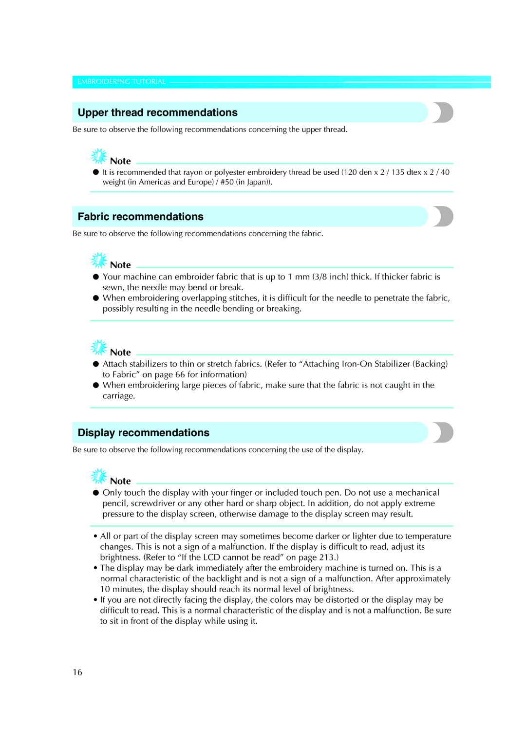 Brother PE-600II operation manual Upper thread recommendations, Fabric recommendations, Display recommendations 