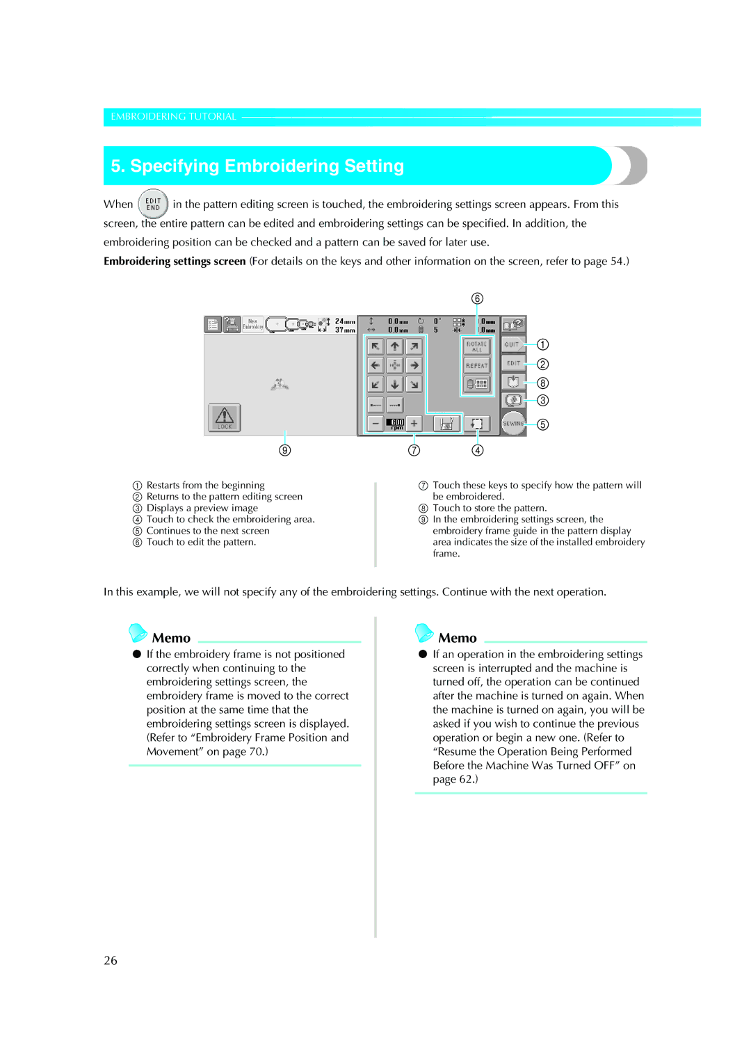 Brother PE-600II operation manual Specifying Embroidering Setting 