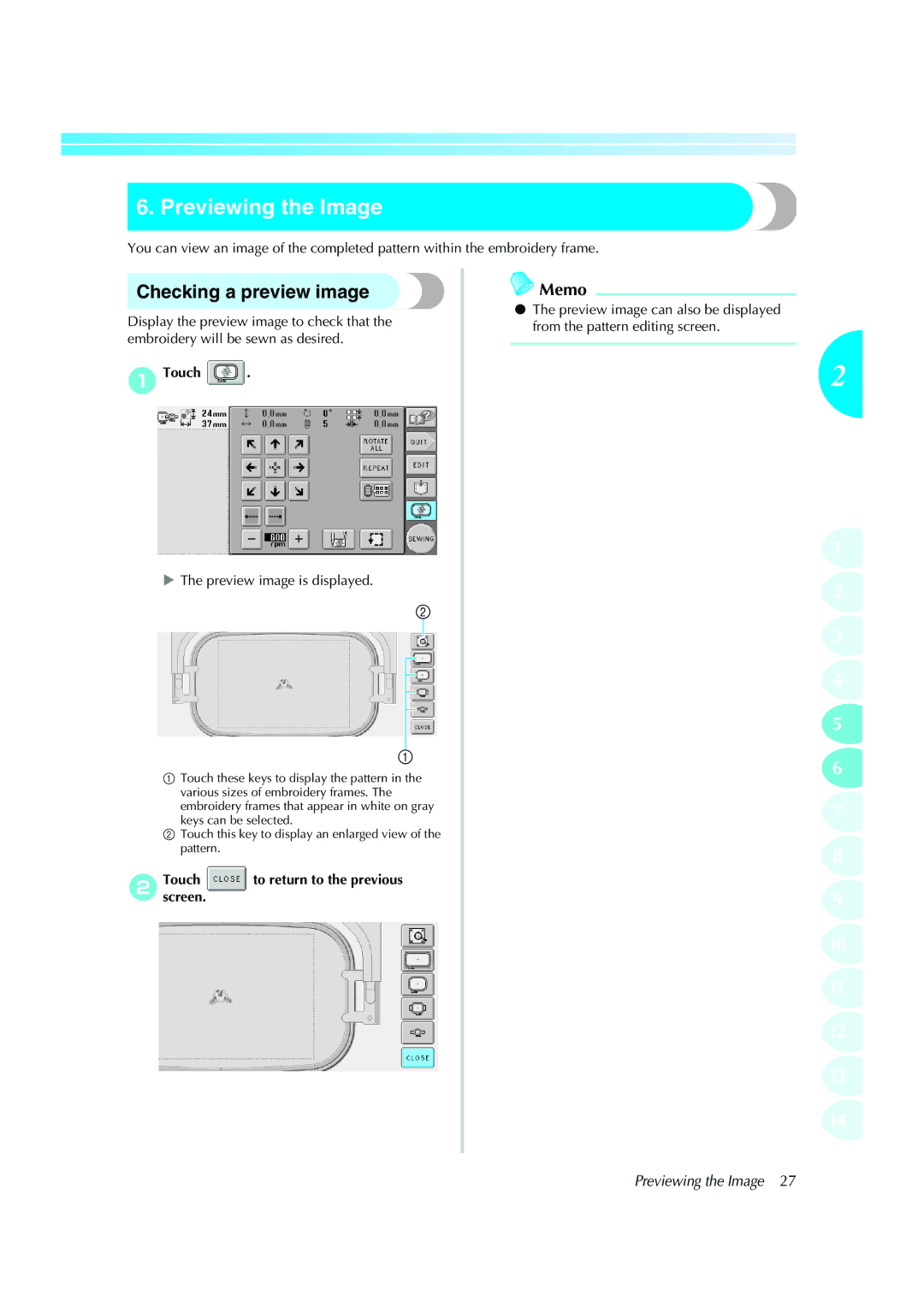 Brother PE-600II Previewing the Image, Checking a preview image, 1Touch, 2Touchscreen. to return to the previous 