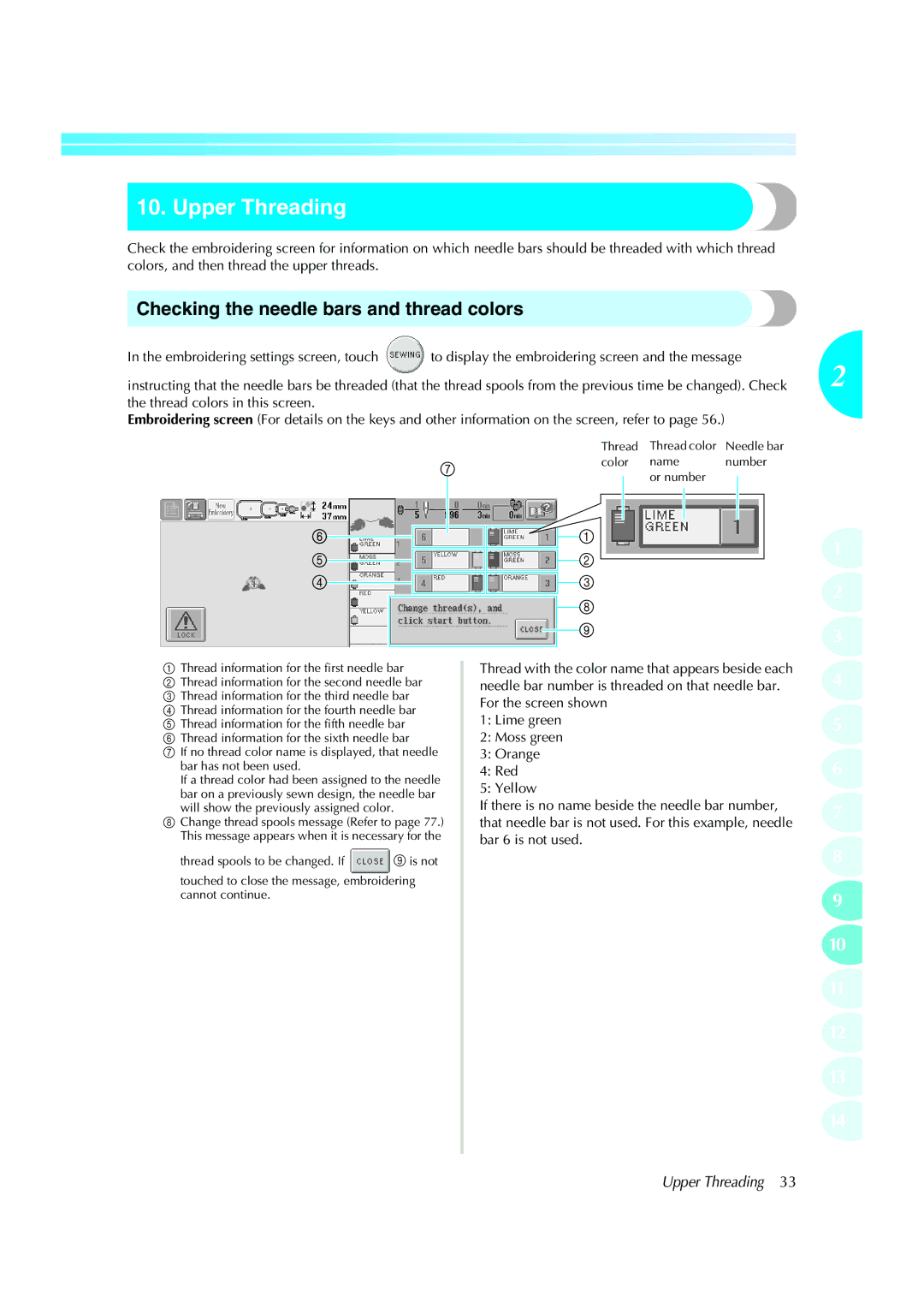 Brother PE-600II operation manual Upper Threading, Checking the needle bars and thread colors, Thread colors in this screen 