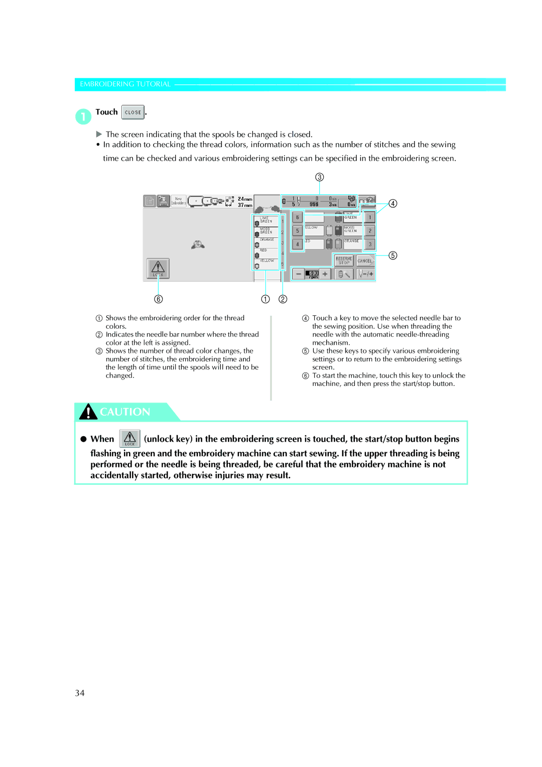 Brother PE-600II operation manual Touch, Screen indicating that the spools be changed is closed 