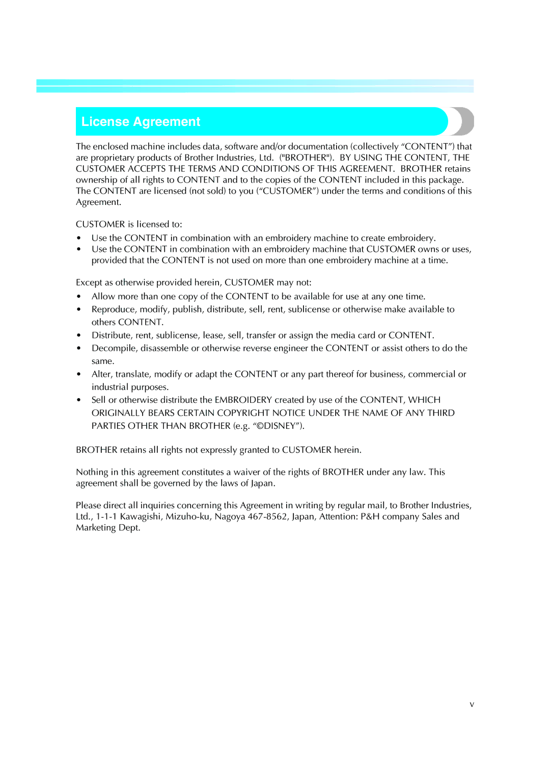 Brother PE-600II operation manual License Agreement 