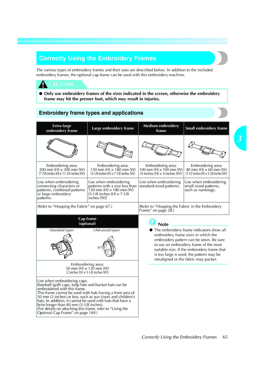 Brother PE-600II operation manual Correctly Using the Embroidery Frames, Embroidery frame types and applications 