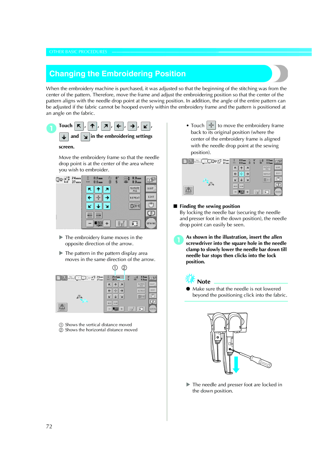Brother PE-600II Changing the Embroidering Position, Touch Embroidering settings screen, Finding the sewing position 