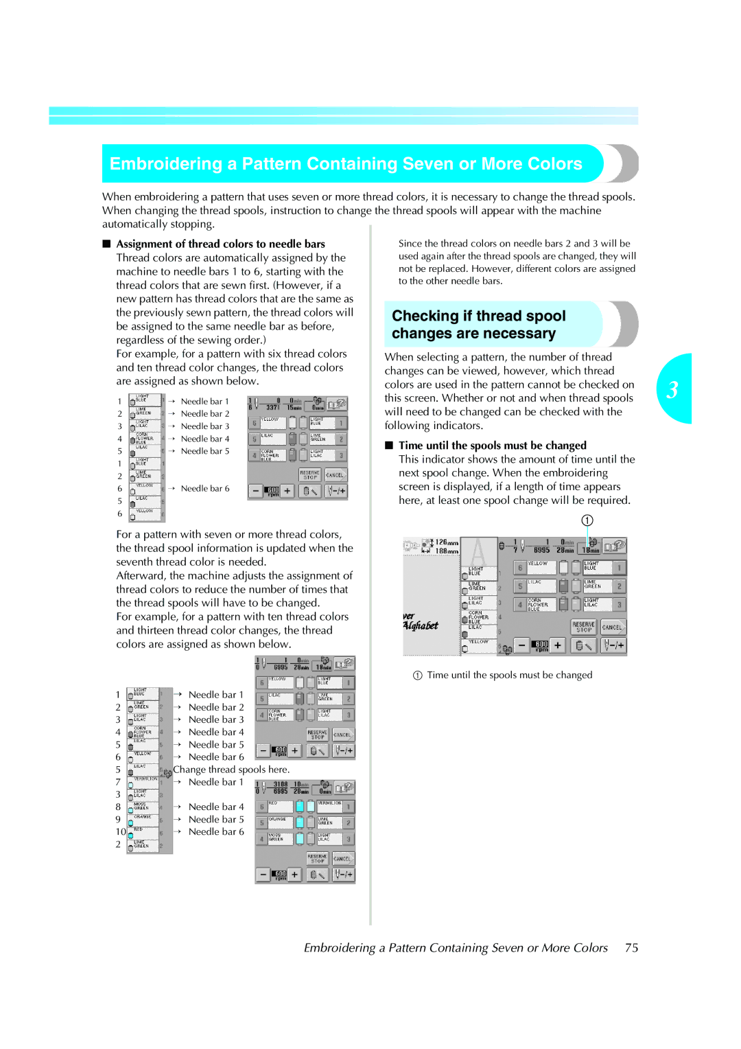 Brother PE-600II Embroidering a Pattern Containing Seven or More Colors, Checking if thread spool, Changes are necessary 