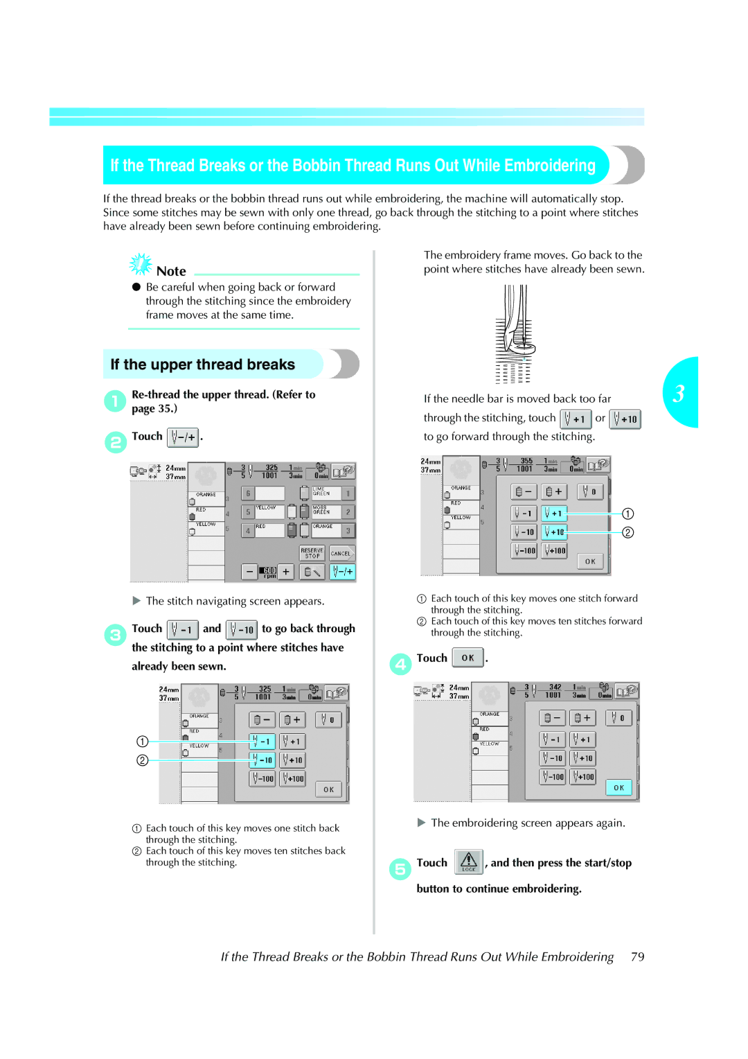 Brother PE-600II operation manual If the upper thread breaks, Repage-thread35.the upper thread. Refer to Touch 