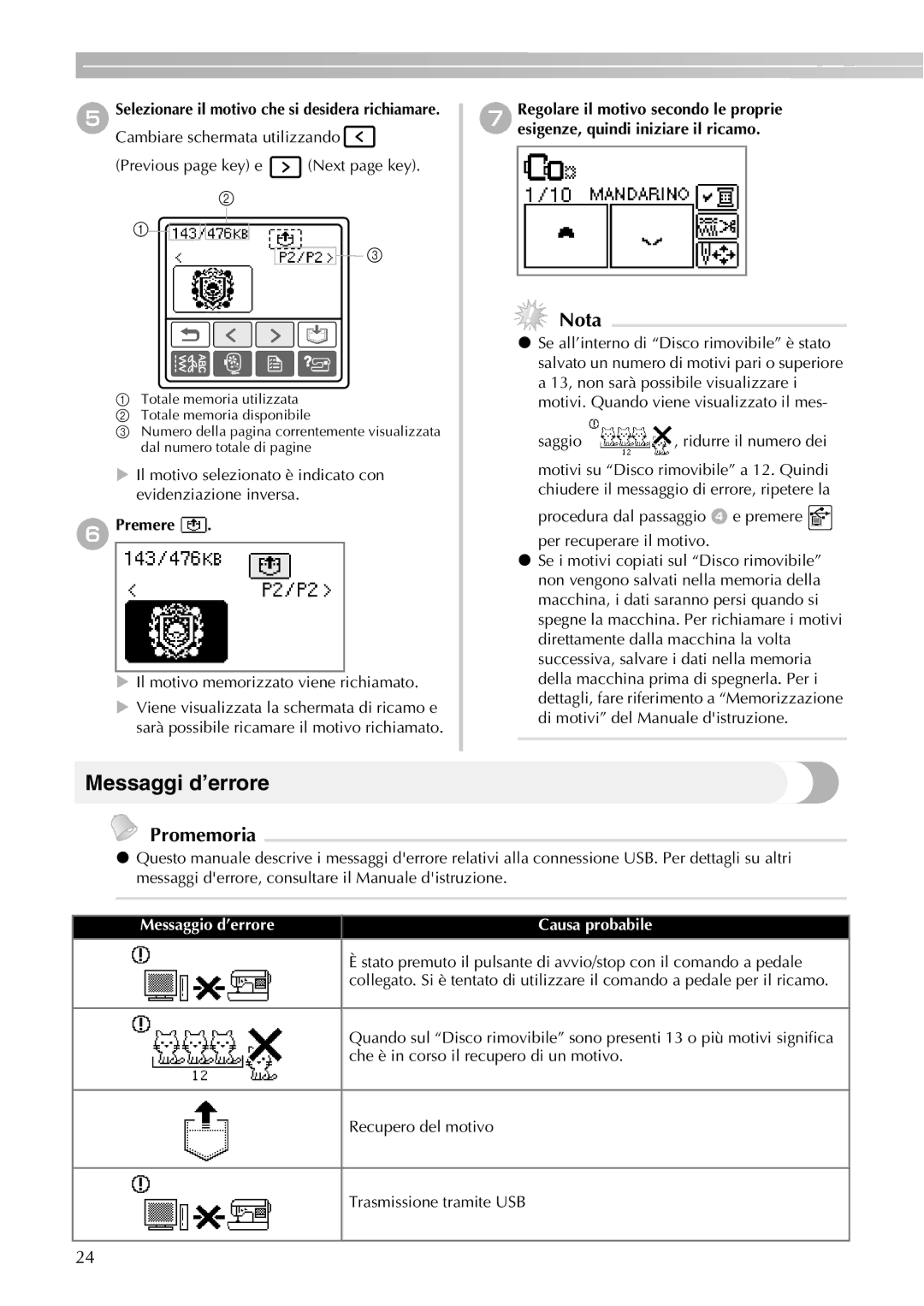 Brother PE-750D, PE-700II instruction manual Messaggi d’errore, Premere, Messaggio d’errore Causa probabile 