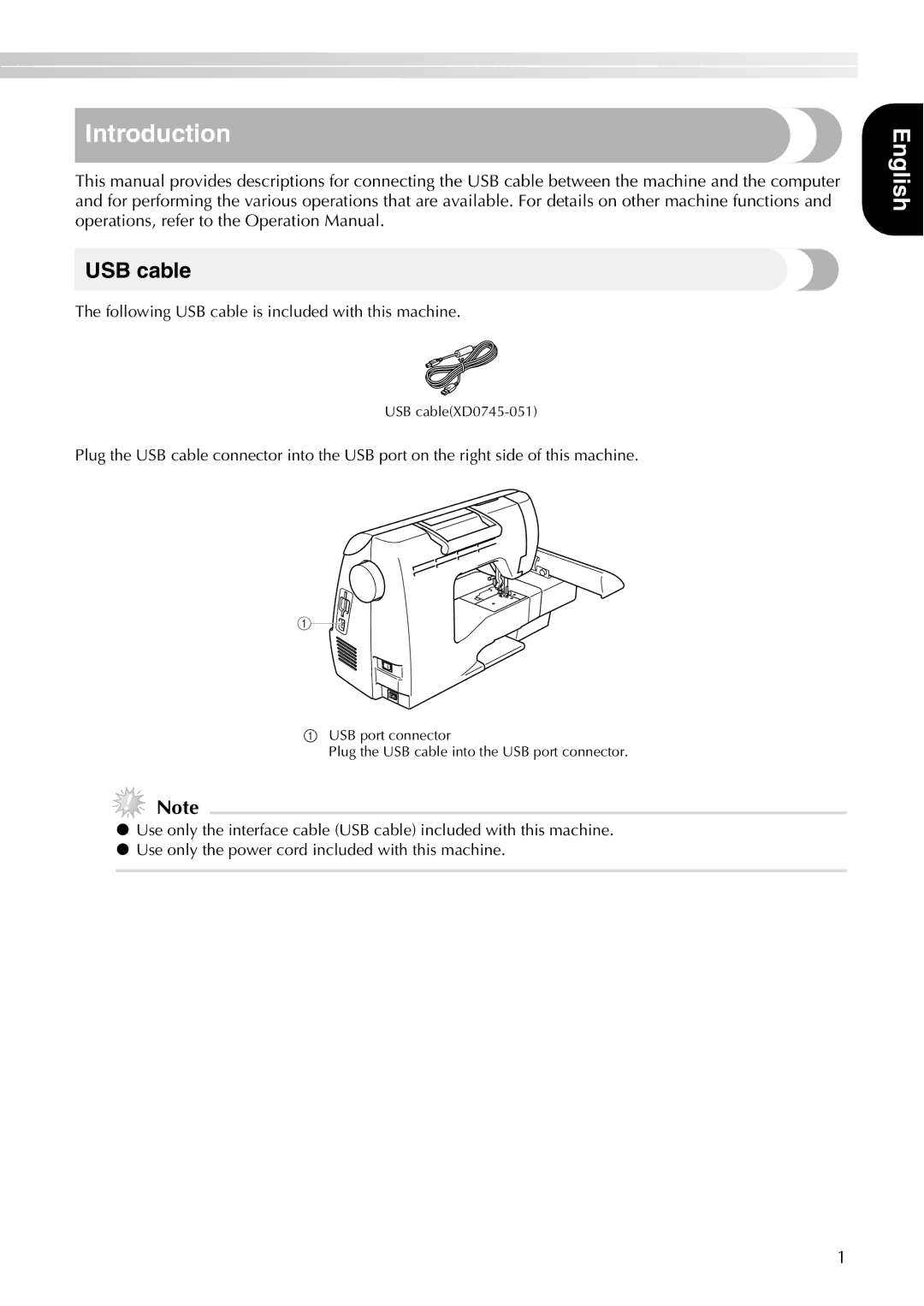 Brother PE-700II, PE-750D instruction manual Introduction, Following USB cable is included with this machine 