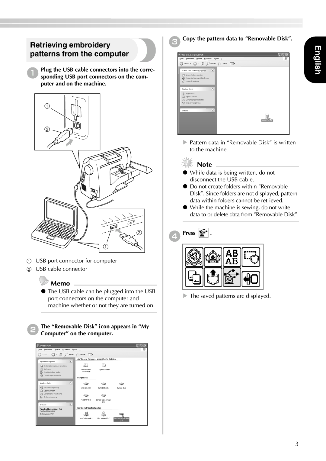 Brother PE-700II, PE-750D Retrieving embroidery patterns from the computer, Memo, DPress, Saved patterns are displayed 