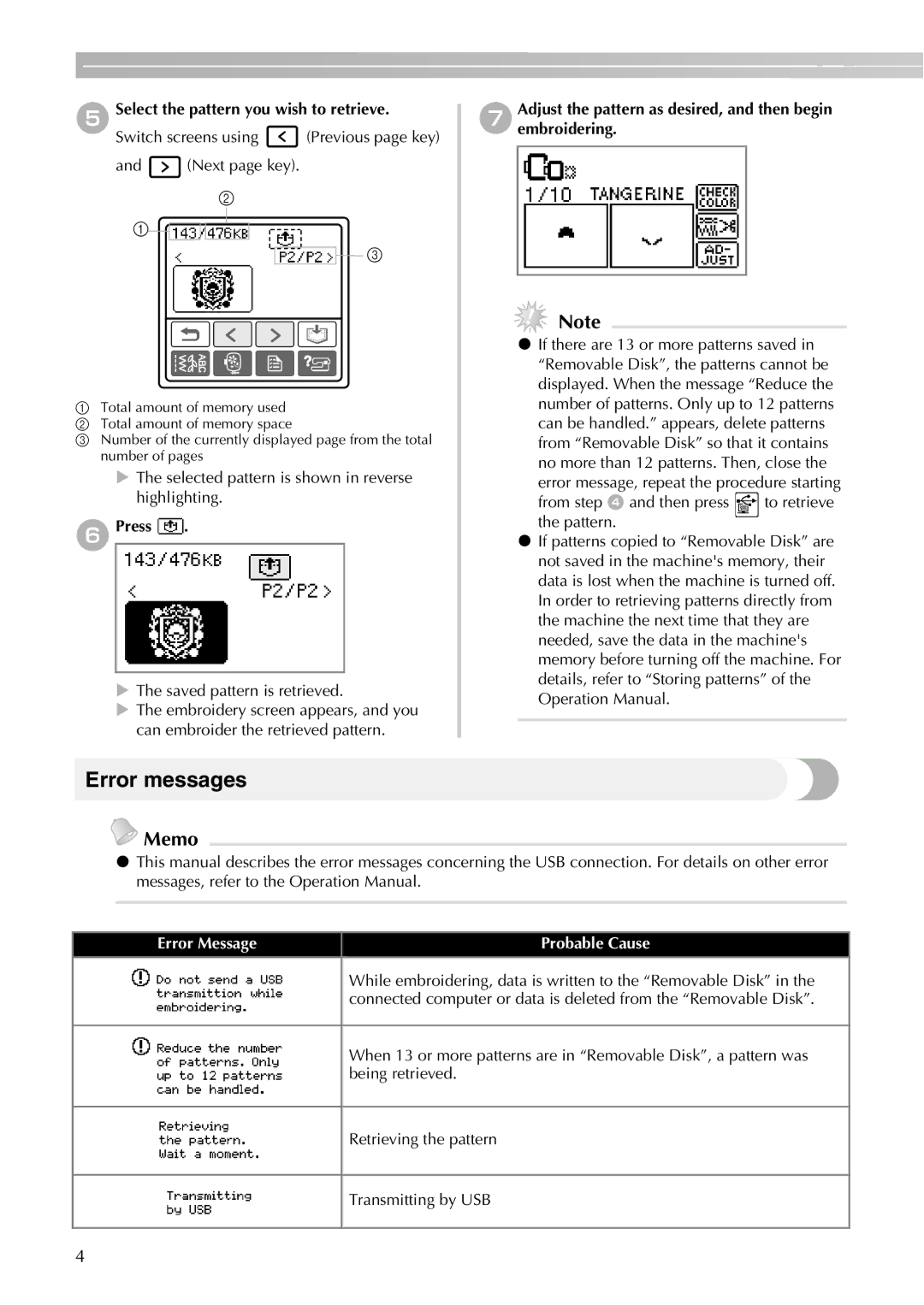 Brother PE-750D, PE-700II Error messages, Select the pattern you wish to retrieve, Press, Error Message Probable Cause 