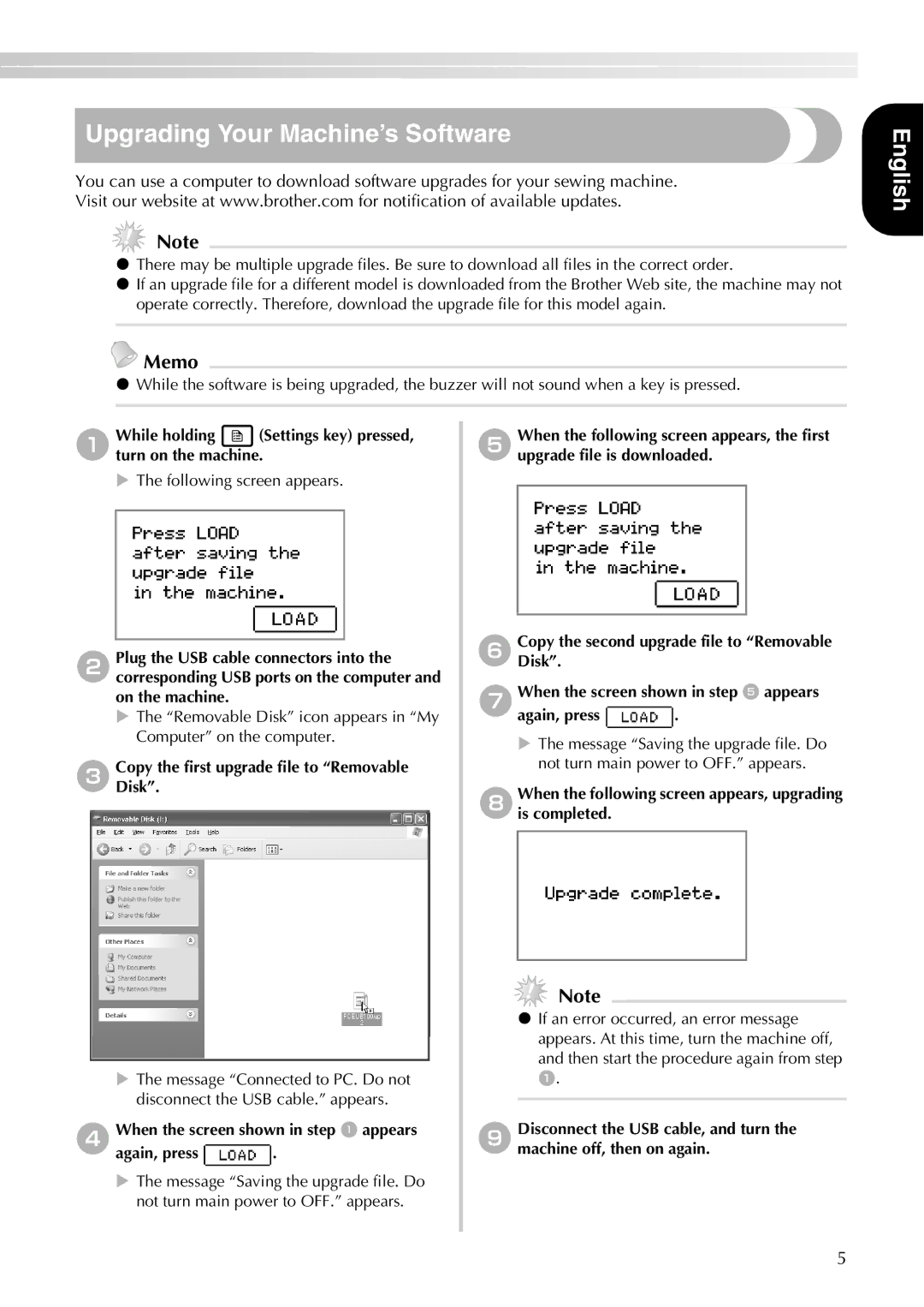 Brother PE-700II, PE-750D instruction manual Upgrading Your Machine’s Software 