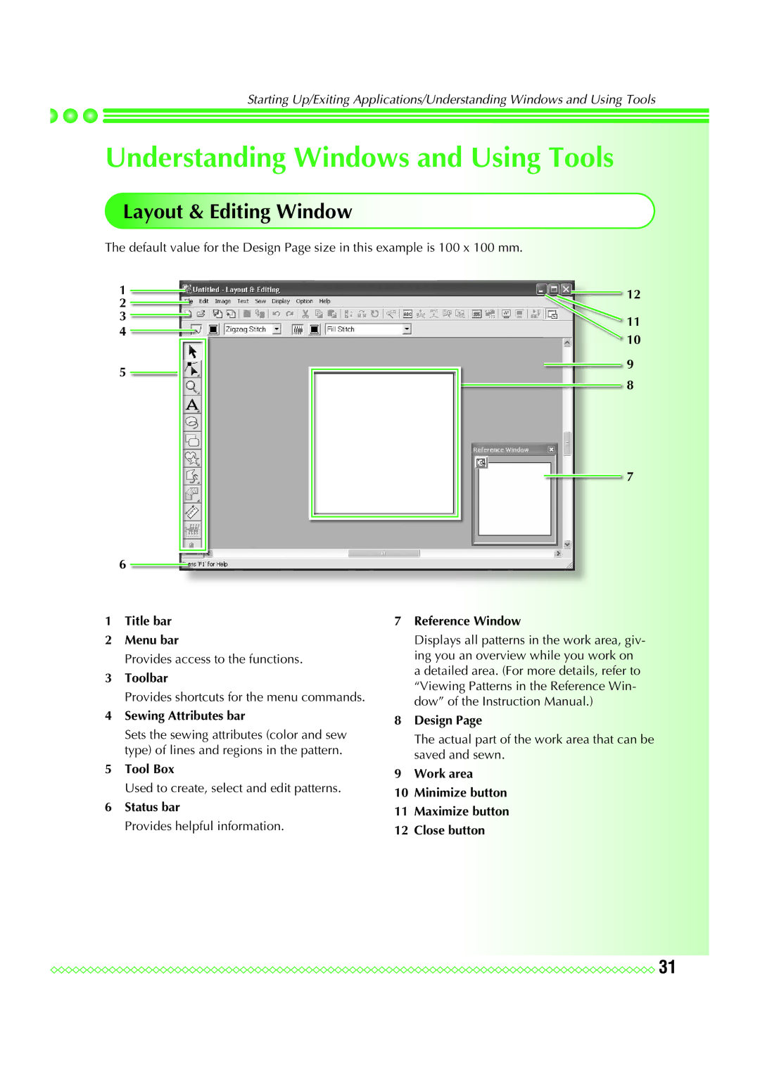 Brother Personal Embroidery Design Software System manual Understanding Windows and Using Tools, Layout & Editing Window 