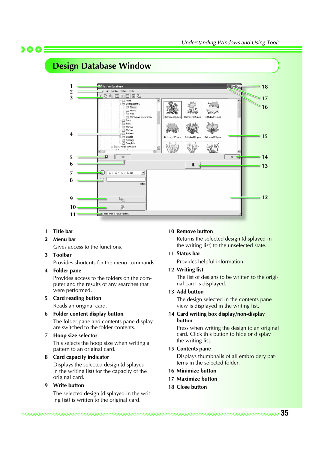 Brother Personal Embroidery Design Software System, PE-DESIGN 7 manual Design Database Window 