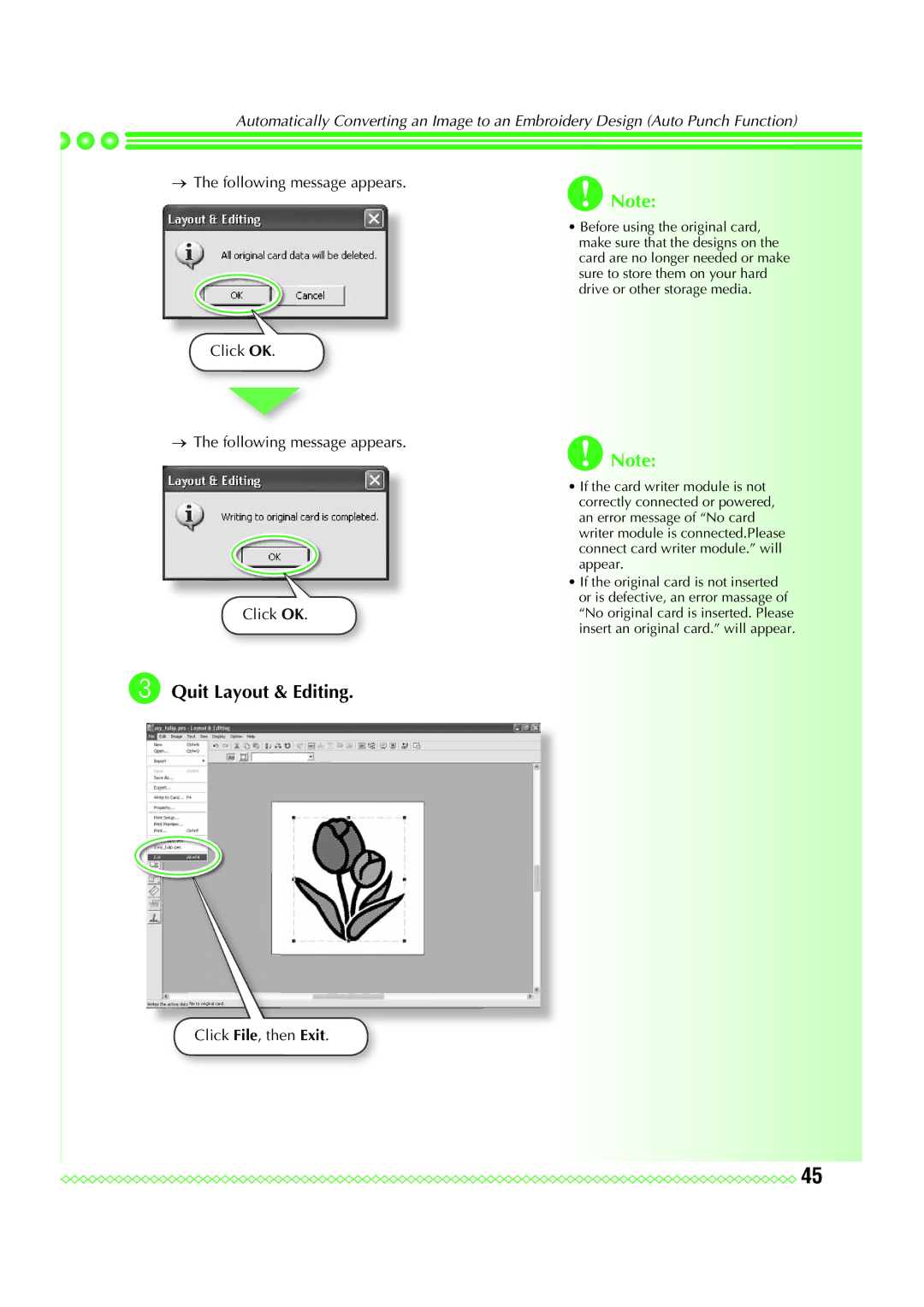 Brother Personal Embroidery Design Software System, PE-DESIGN 7 manual Click OK → The following message appears 