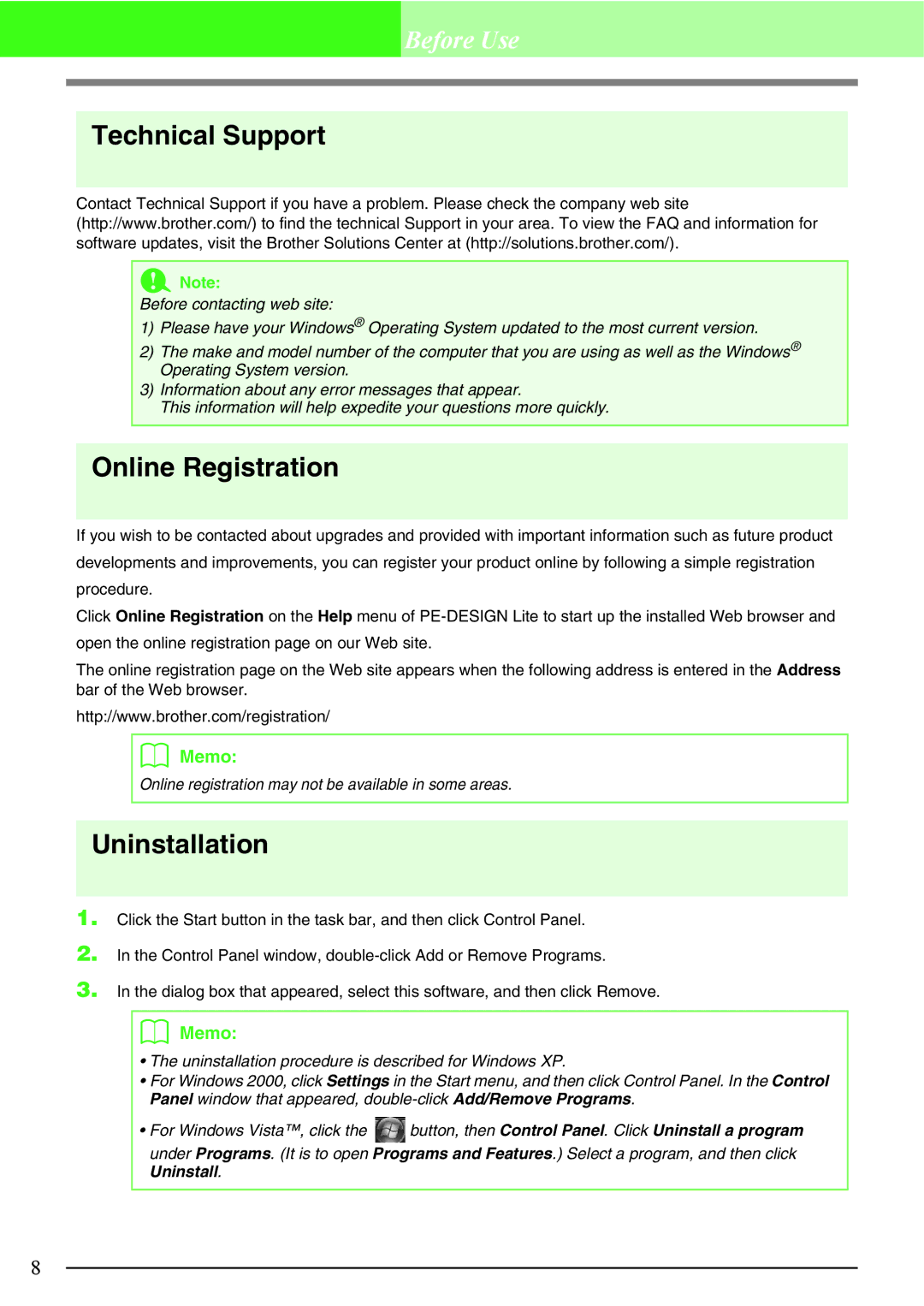 Brother PE-DESIGN, Brother USB Writer manual Technical Support, Online Registration, Uninstallation 