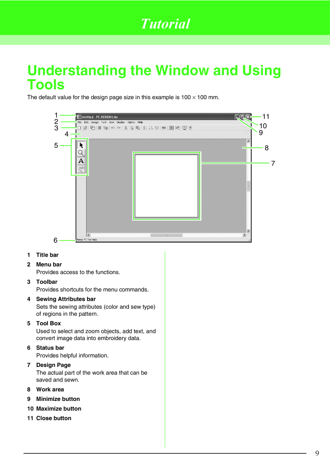 Brother Brother USB Writer, PE-DESIGN manual Tutorial, Understanding the Window and Using Tools 