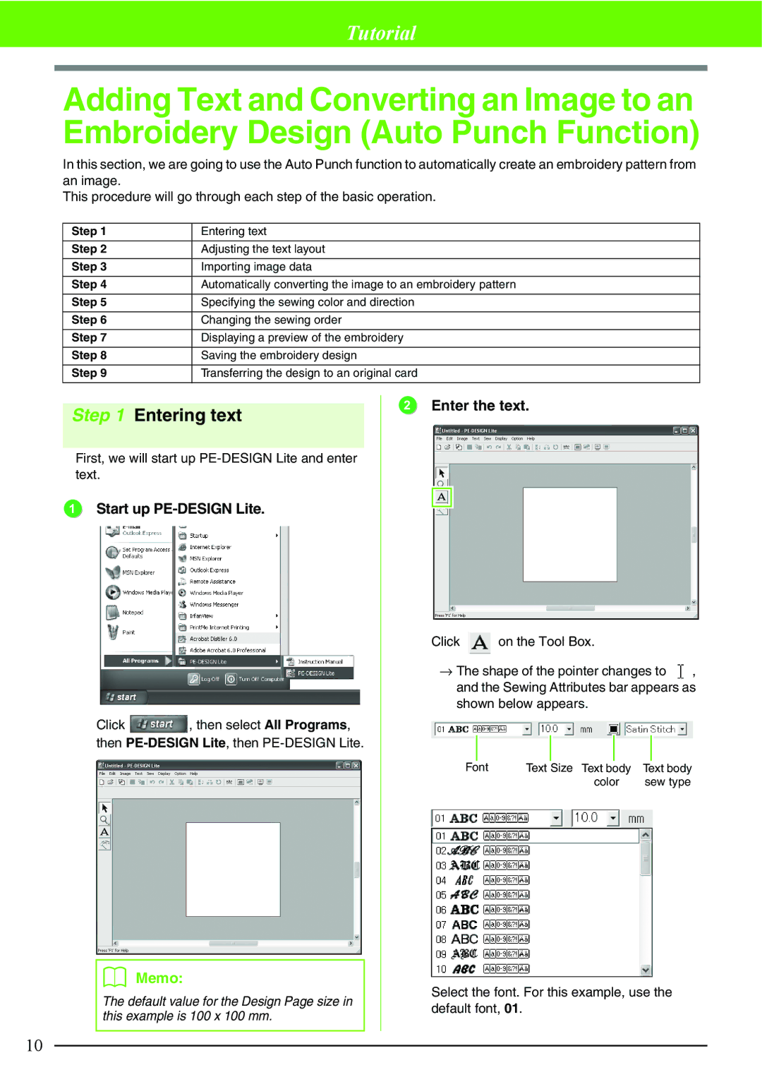 Brother Brother USB Writer manual Entering text, Start up PE-DESIGN Lite, Enter the text 