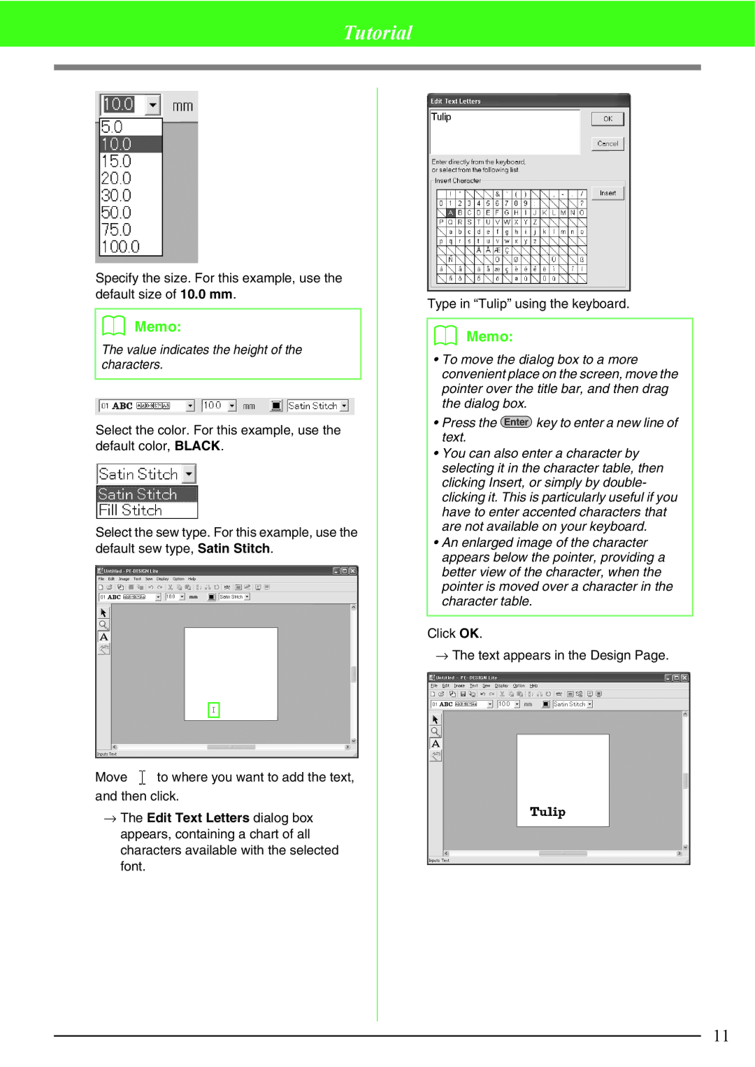 Brother Brother USB Writer, PE-DESIGN manual Value indicates the height of the characters 