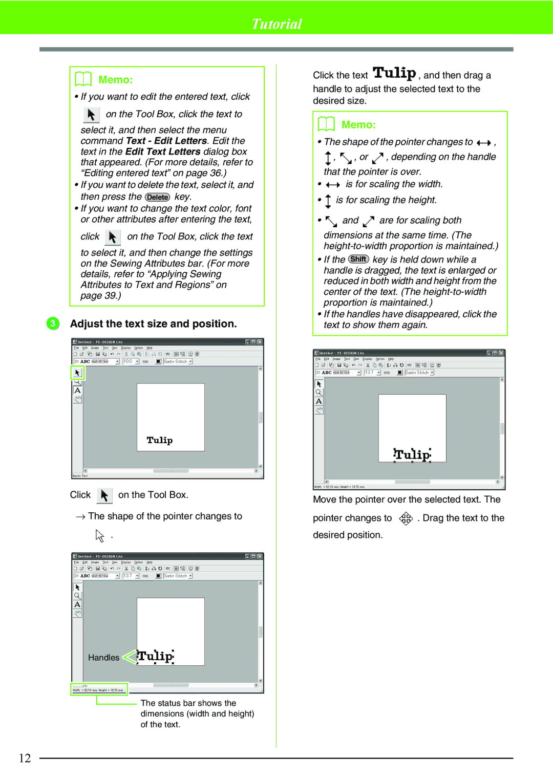 Brother PE-DESIGN, Brother USB Writer manual Adjust the text size and position 