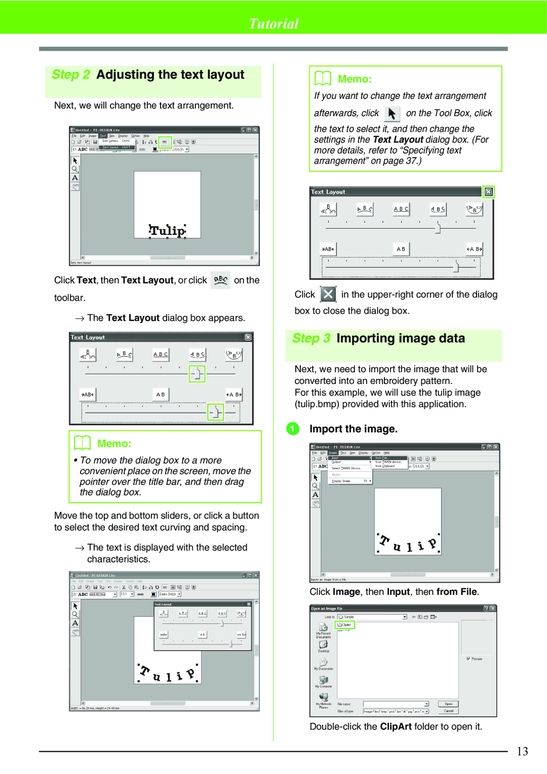 Brother Brother USB Writer, PE-DESIGN manual Adjusting the text layout, Importing image data, Import the image 