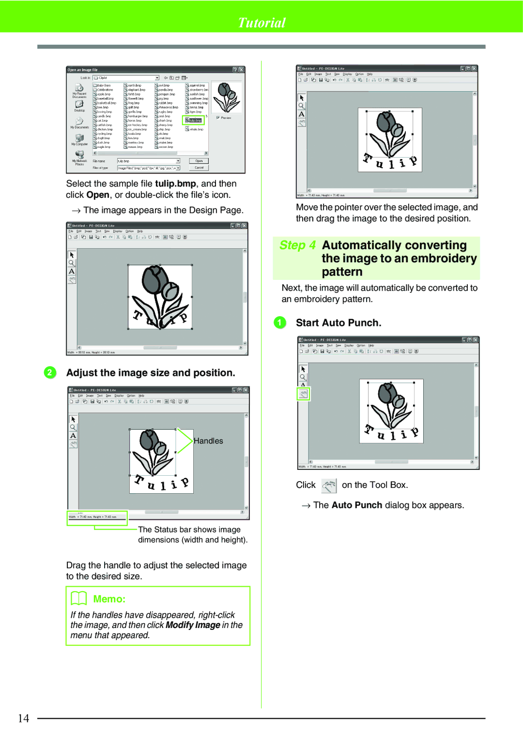 Brother PE-DESIGN manual Automatically converting the image to an embroidery pattern, Adjust the image size and position 