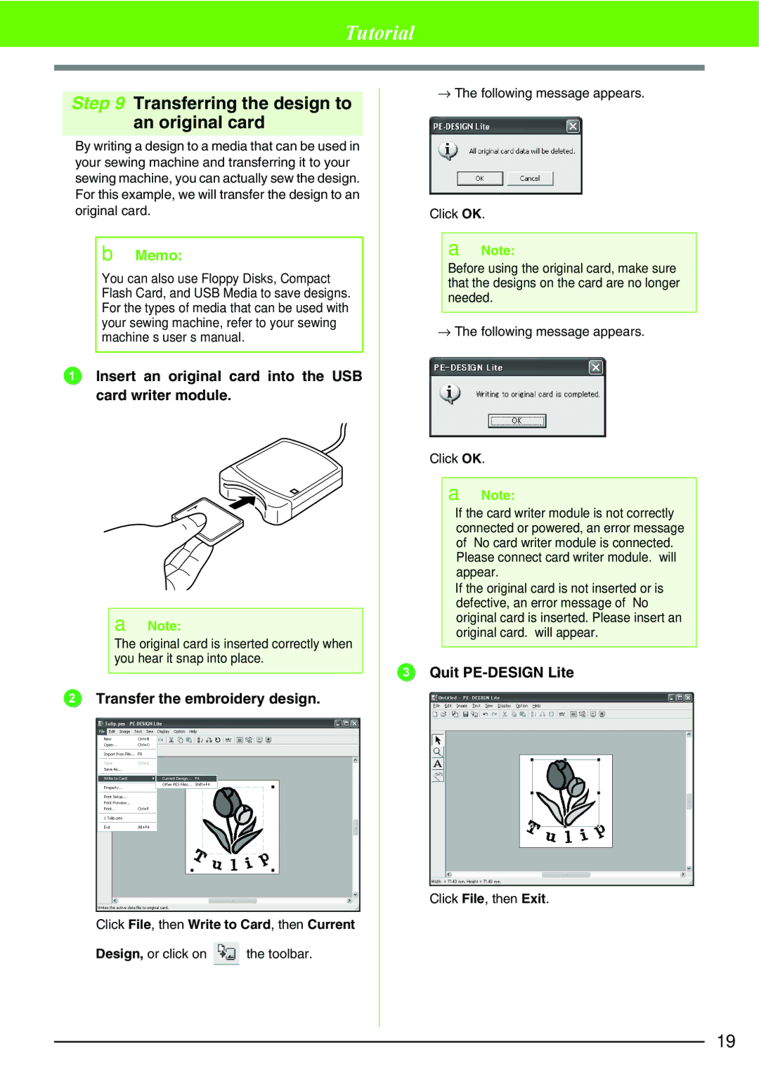 Brother Brother USB Writer, PE-DESIGN manual Transferring the design to an original card, Transfer the embroidery design 