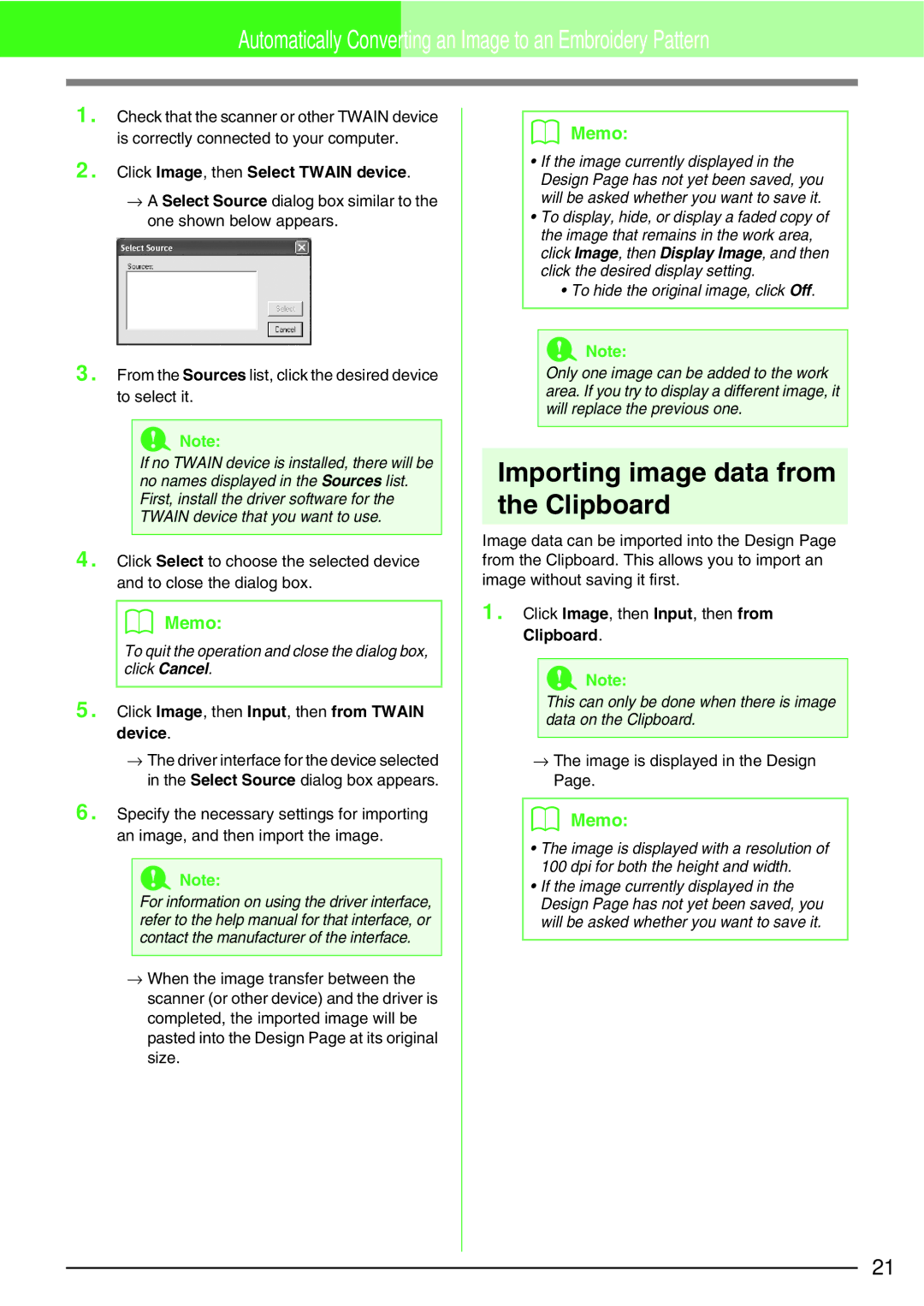 Brother Brother USB Writer, PE-DESIGN manual Importing image data from the Clipboard, Click Image, then Select Twain device 