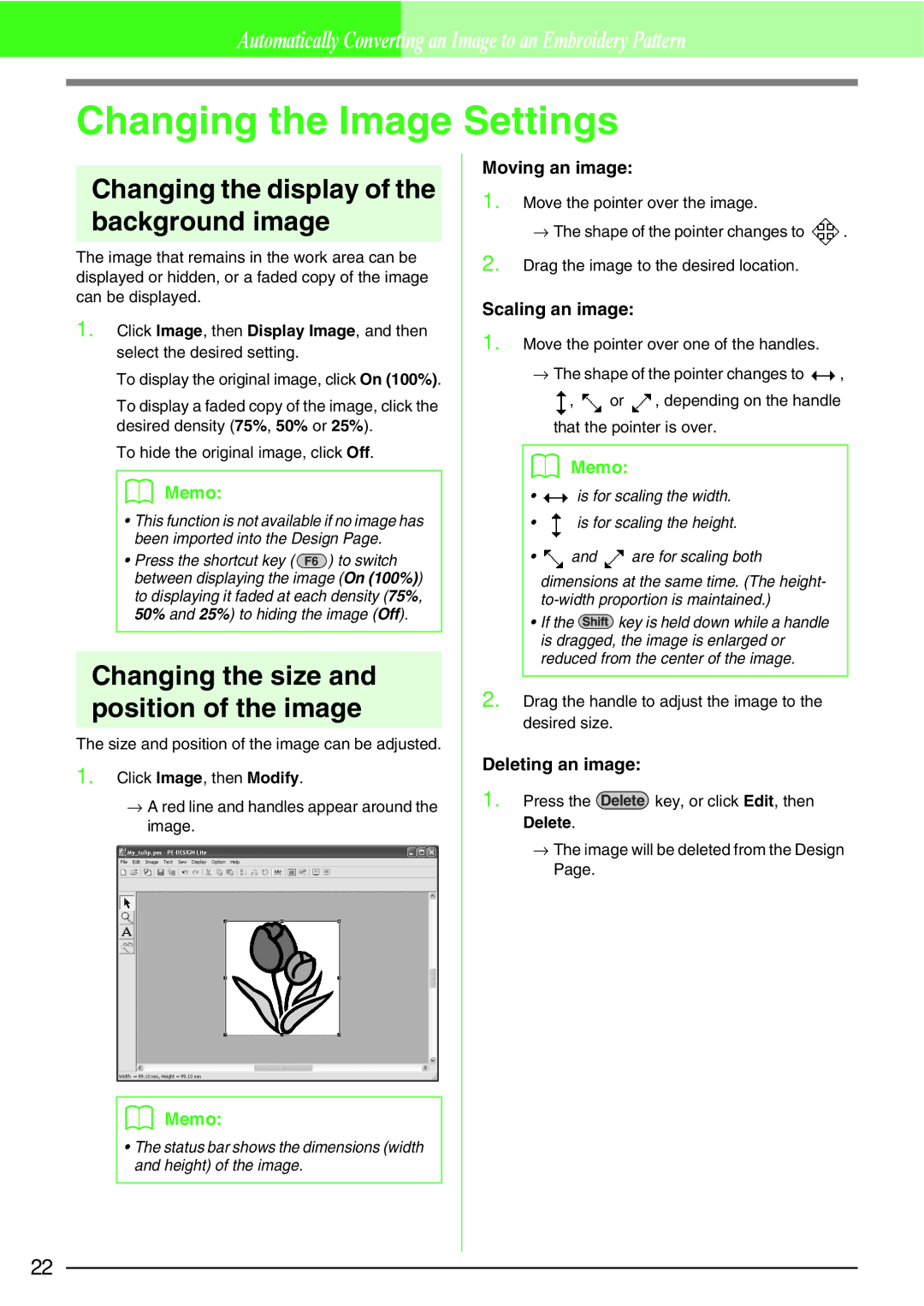 Brother PE-DESIGN, Brother USB Writer manual Changing the Image Settings, Changing the display of the background image 