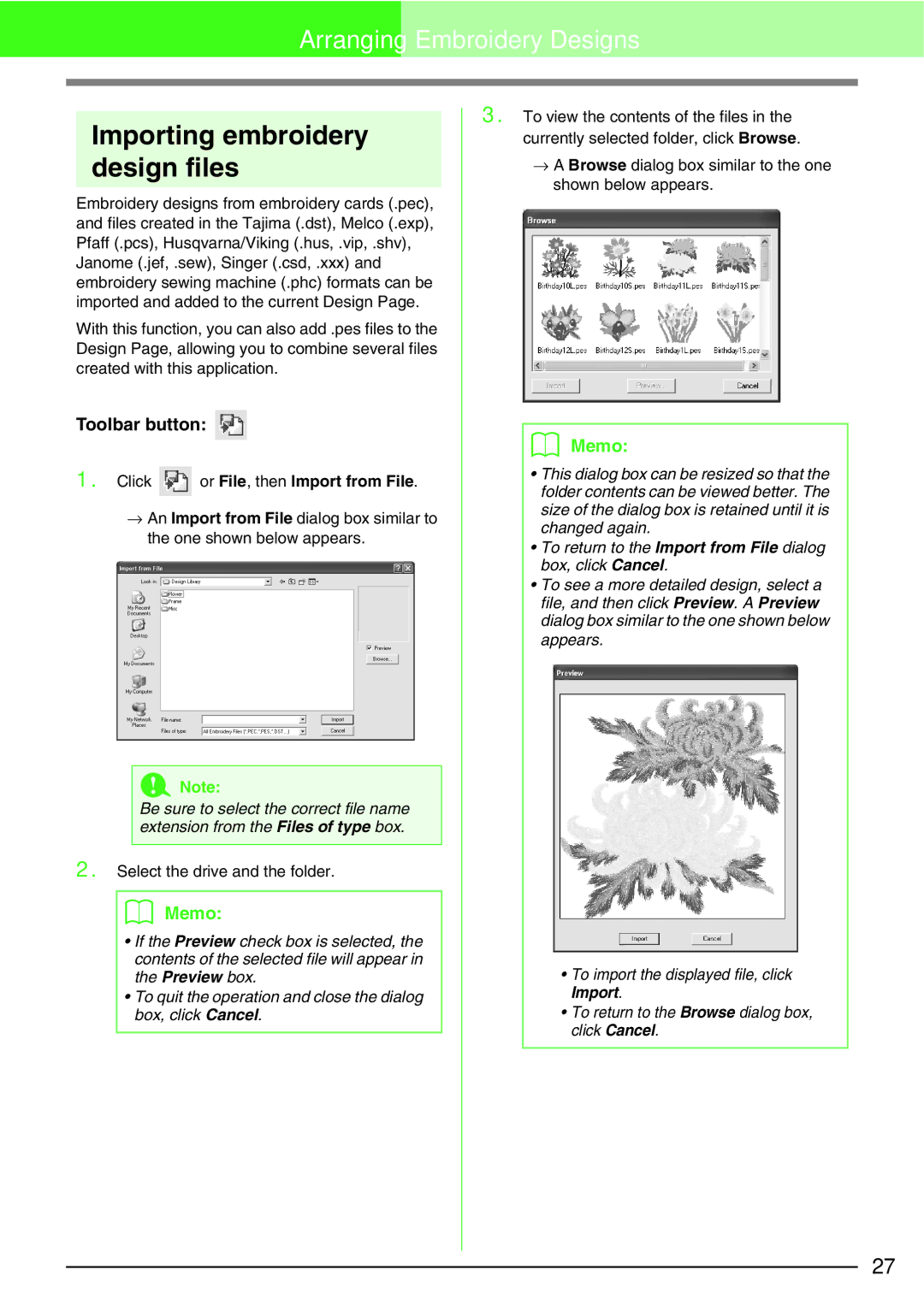 Brother Brother USB Writer, PE-DESIGN manual Importing embroidery design files, Click or File, then Import from File 