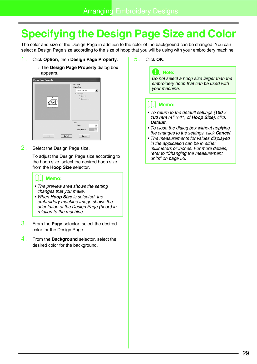 Brother Brother USB Writer, PE-DESIGN manual Specifying the Design Page Size and Color 