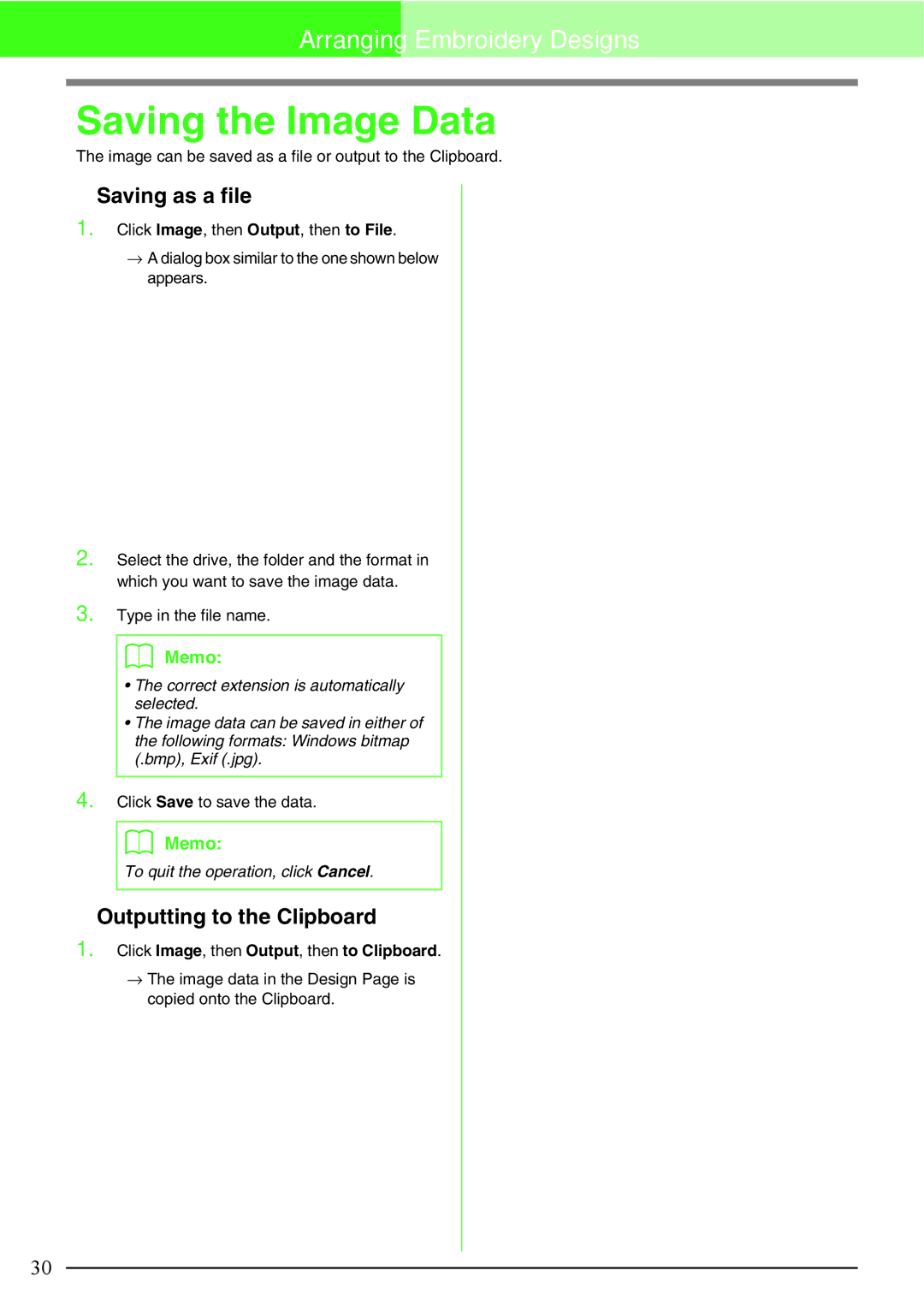 Brother PE-DESIGN, Brother USB Writer manual Saving the Image Data, Saving as a file, Outputting to the Clipboard 