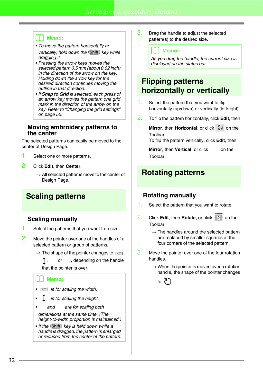 Brother PE-DESIGN, Brother USB Writer Scaling patterns, Flipping patterns horizontally or vertically, Rotating patterns 