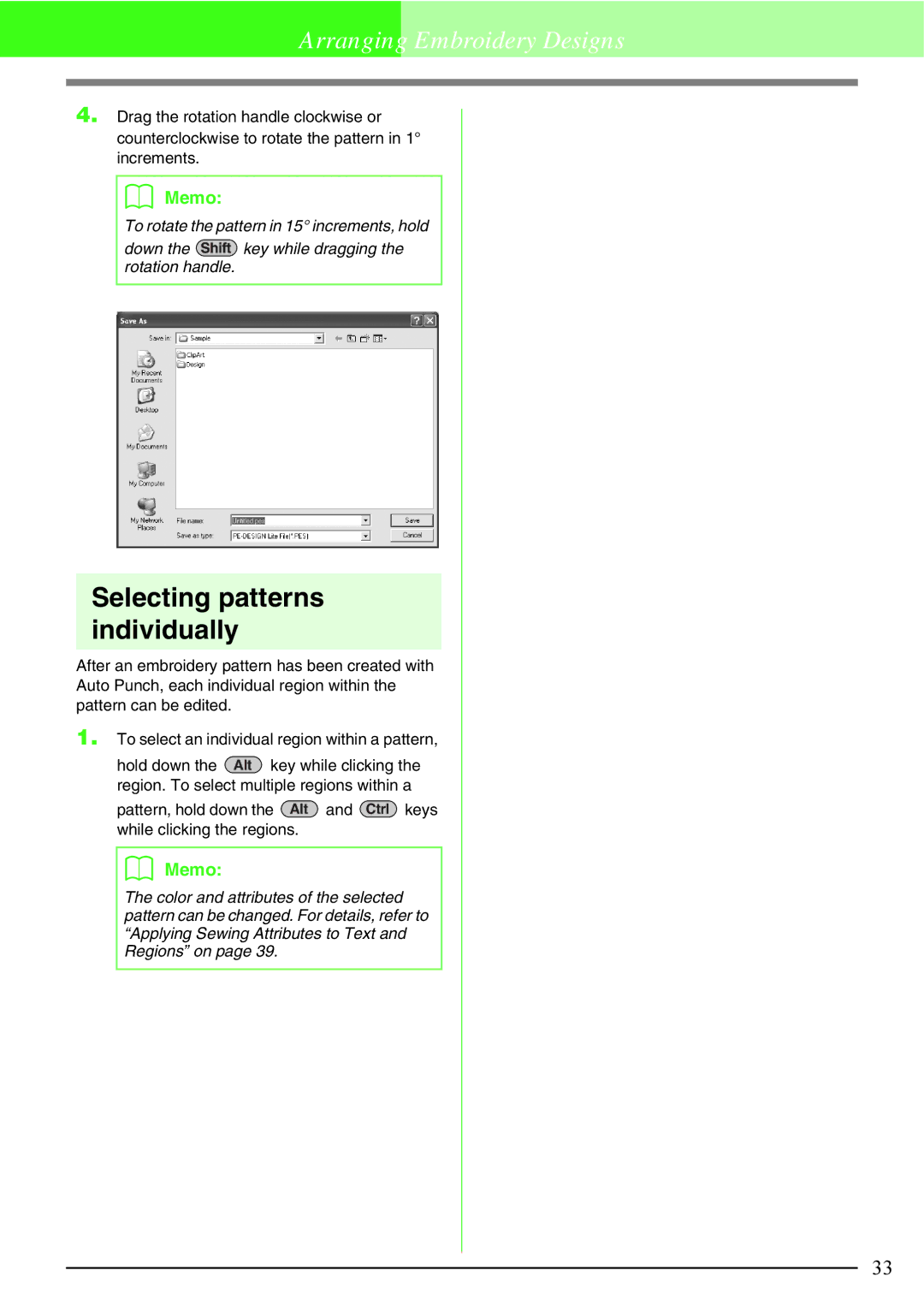 Brother Brother USB Writer, PE-DESIGN manual Selecting patterns individually 