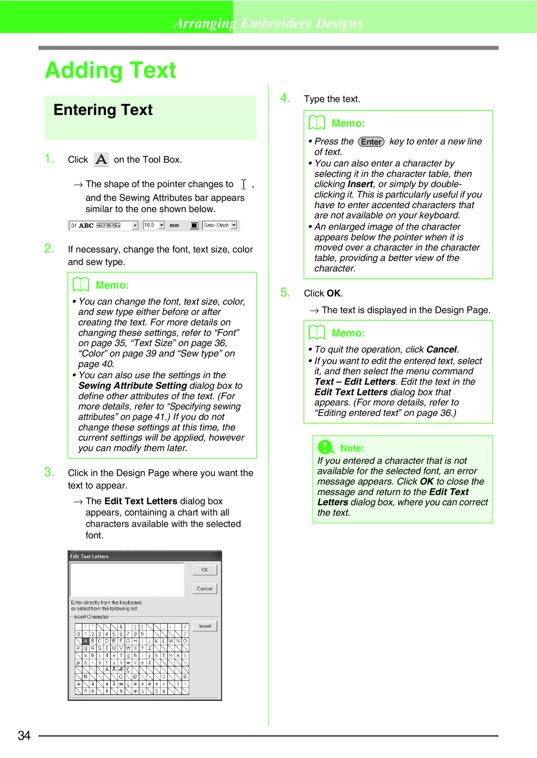 Brother PE-DESIGN, Brother USB Writer manual Adding Text, Entering Text 