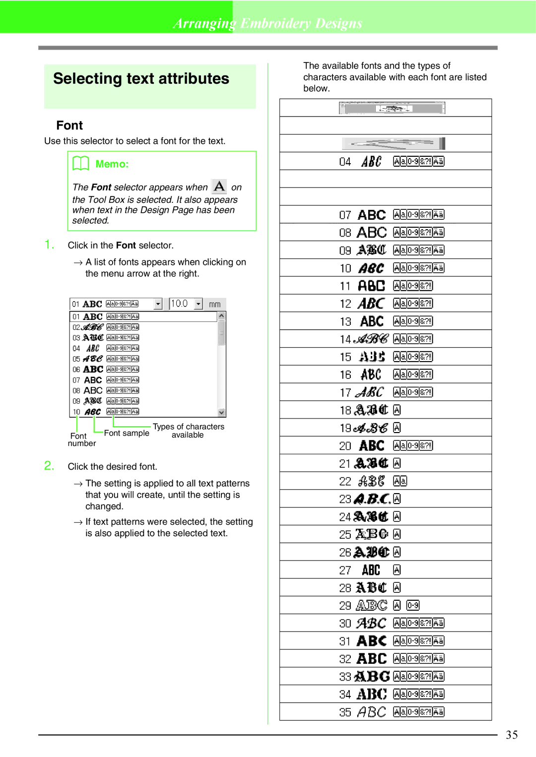 Brother Brother USB Writer, PE-DESIGN manual Selecting text attributes, Font 